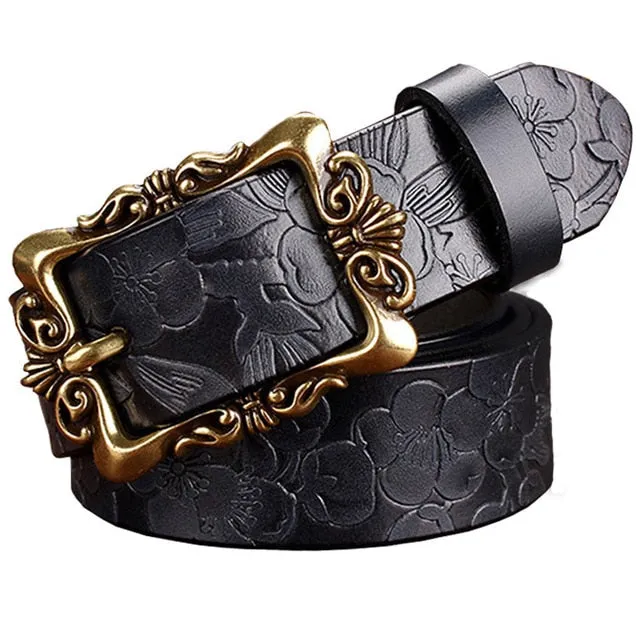 Fashion Wide Genuine leather belts for women Vintage Floral Pin buckle