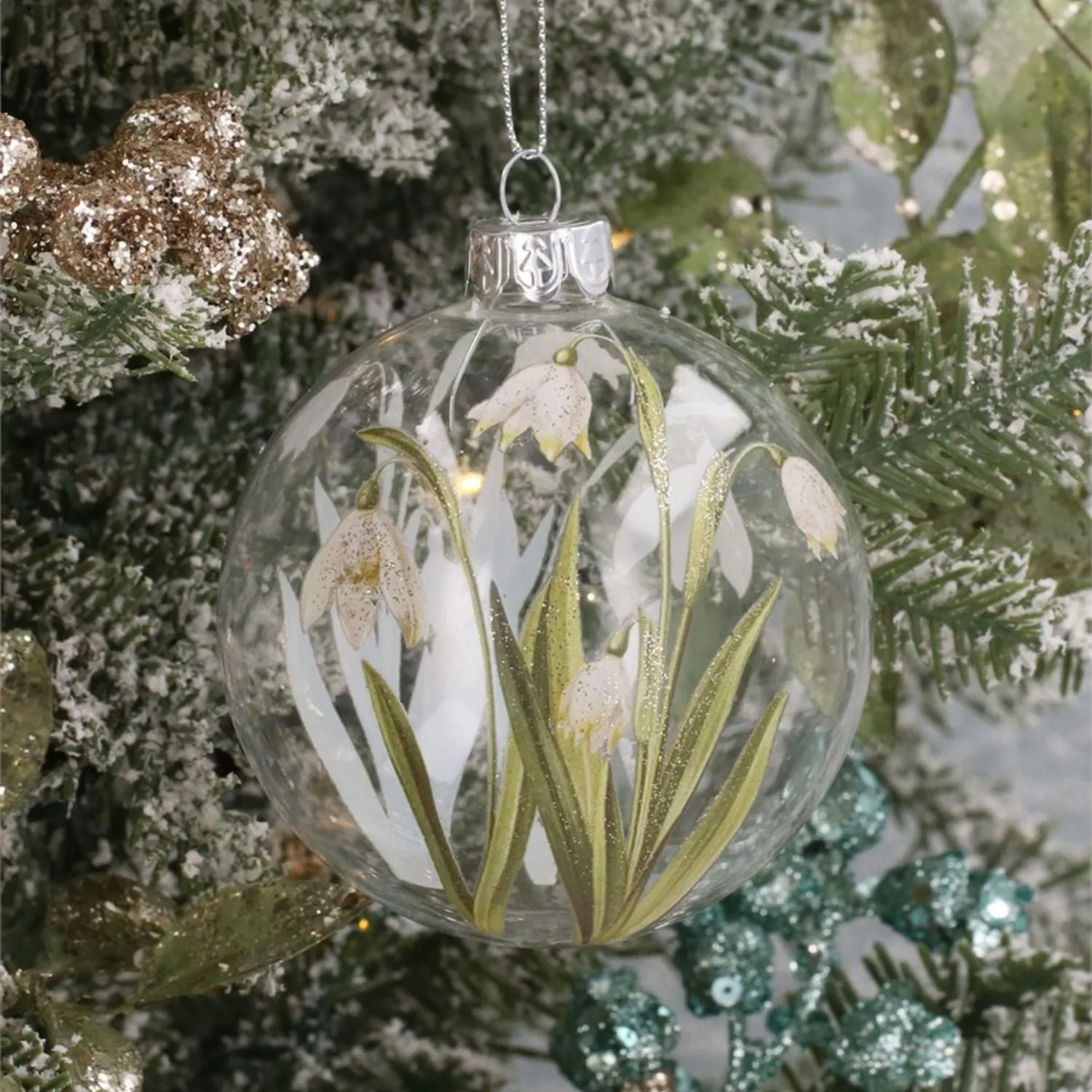 Gisela Graham Painted Snowdrops Clear Glass Bauble