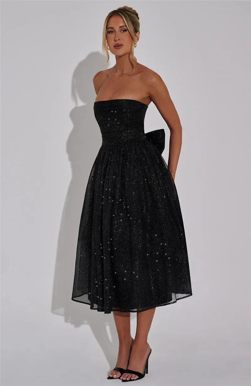 Glitter Midi Dress Strapless with Back Bow Charm