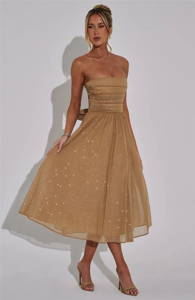 Glitter Midi Dress Strapless with Back Bow Charm