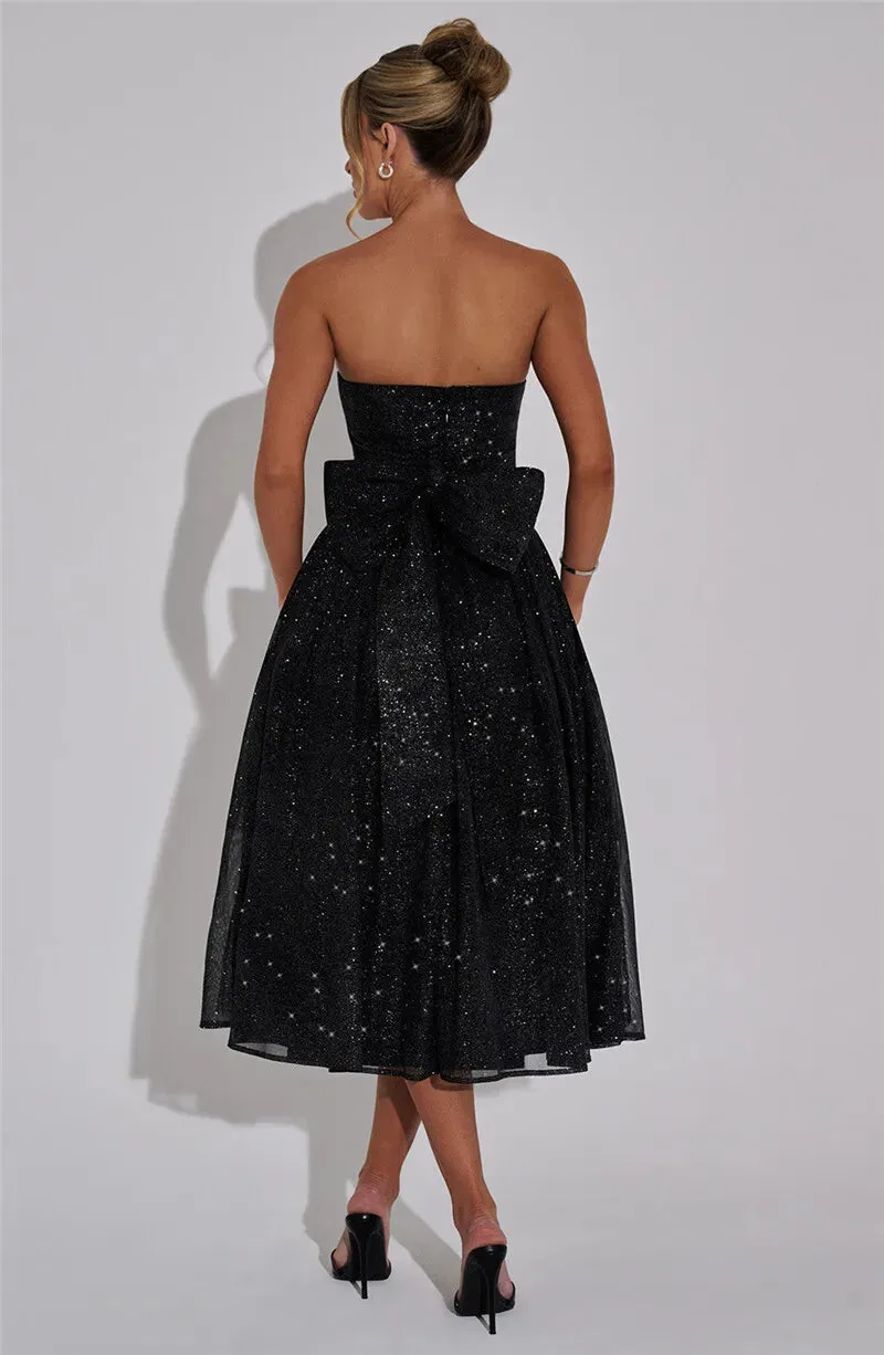 Glitter Midi Dress Strapless with Back Bow Charm