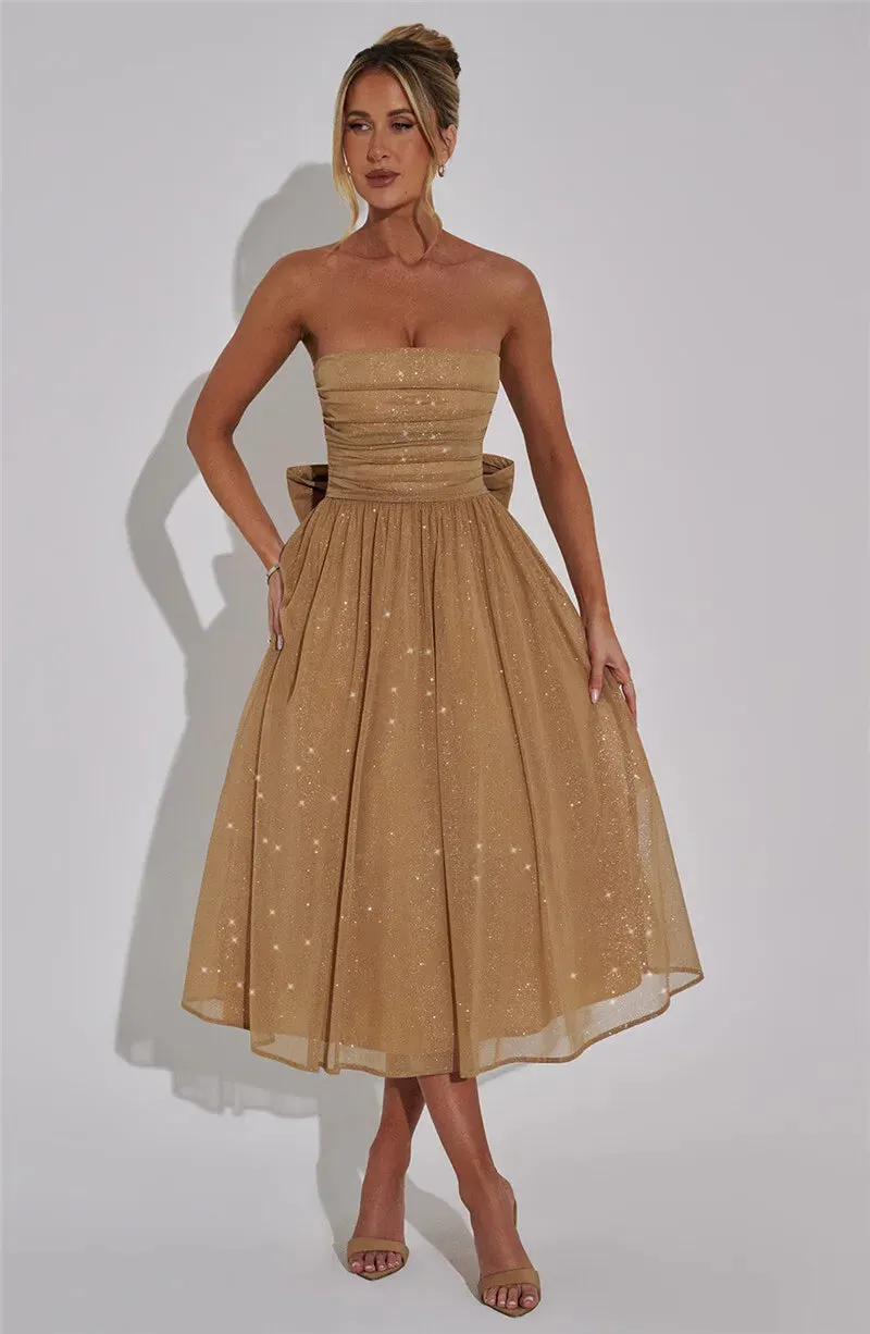 Glitter Midi Dress Strapless with Back Bow Charm