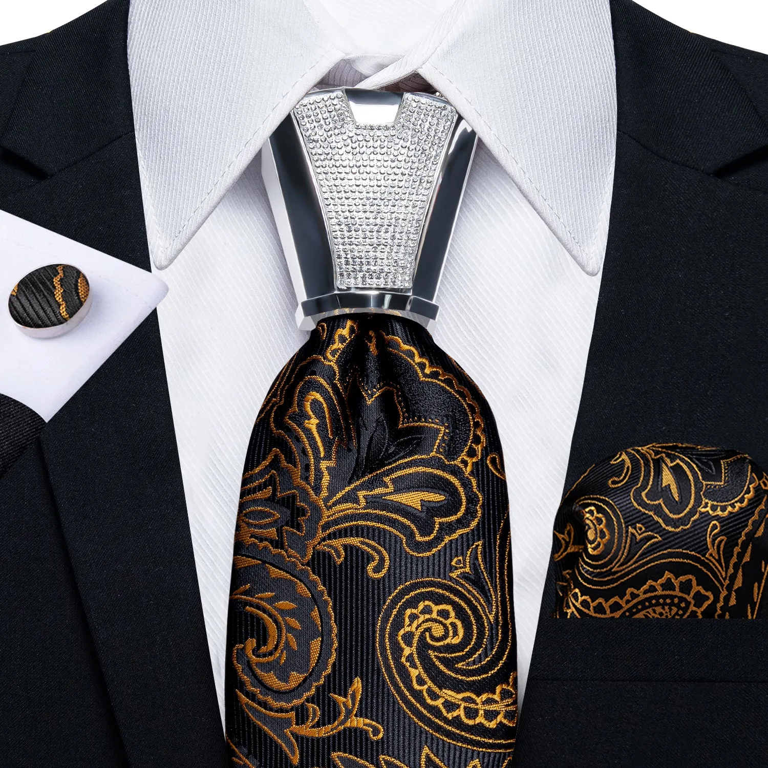 Gold Floral Paisley Tie Pocket Square Cufflinks Set with Spacious Ring