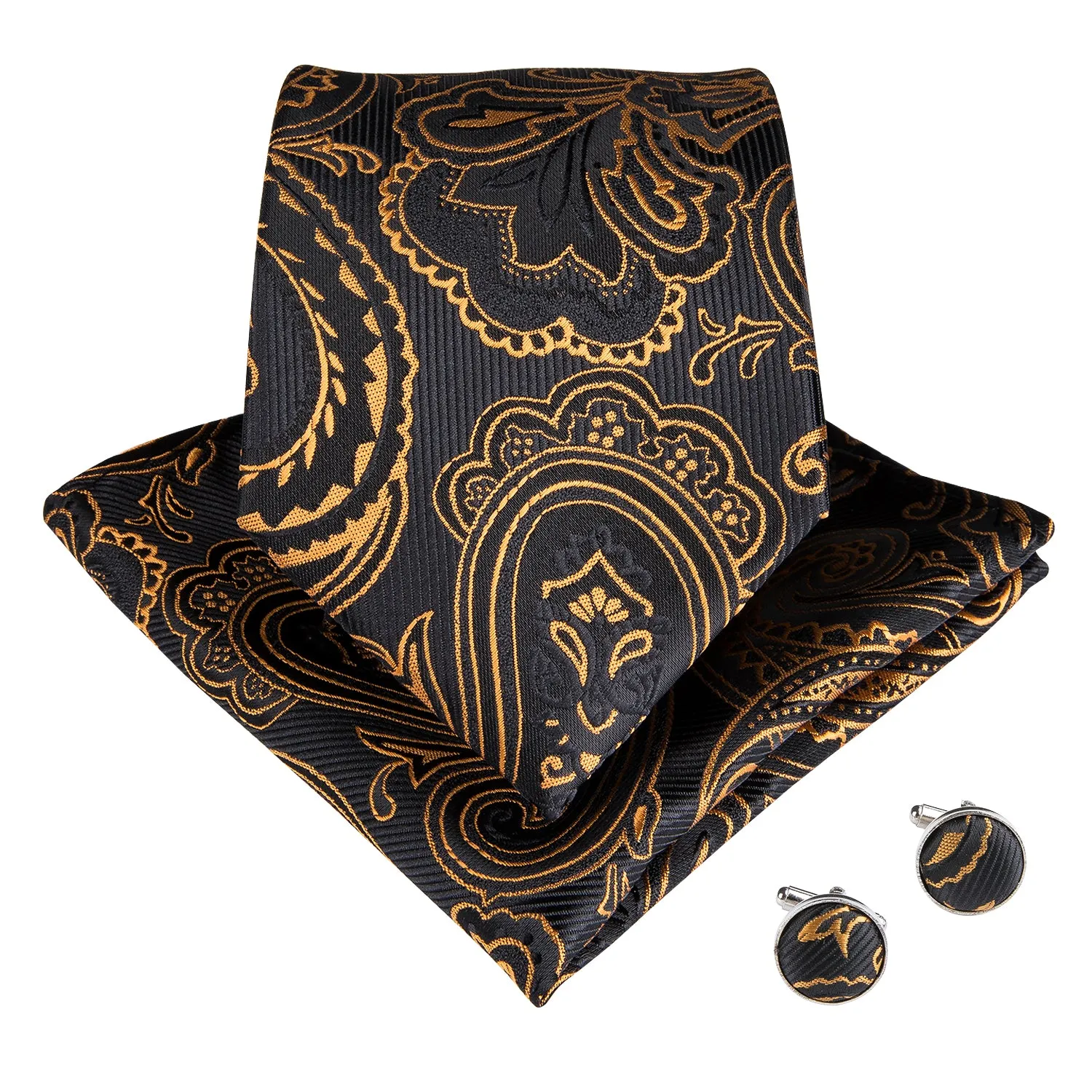 Gold Floral Paisley Tie Pocket Square Cufflinks Set with Spacious Ring