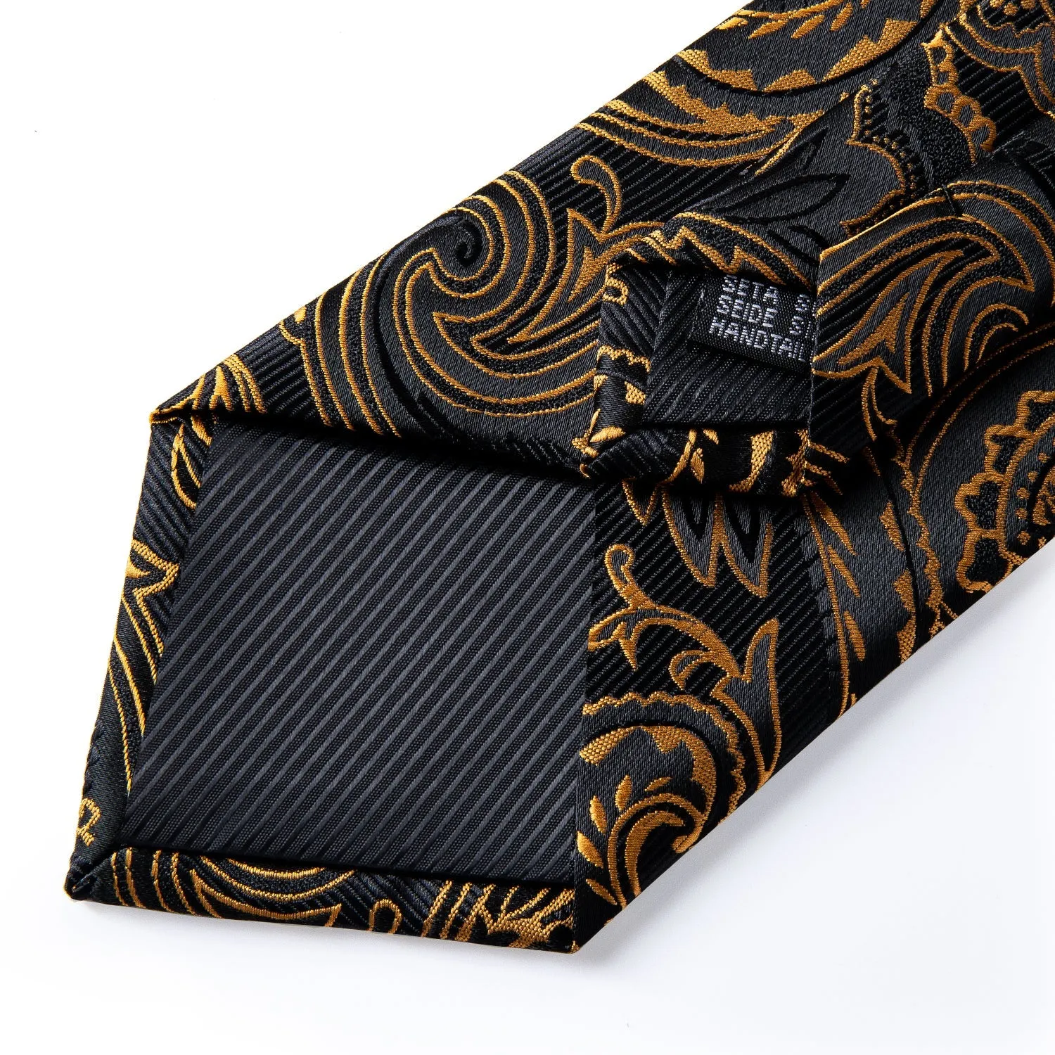 Gold Floral Paisley Tie Pocket Square Cufflinks Set with Spacious Ring