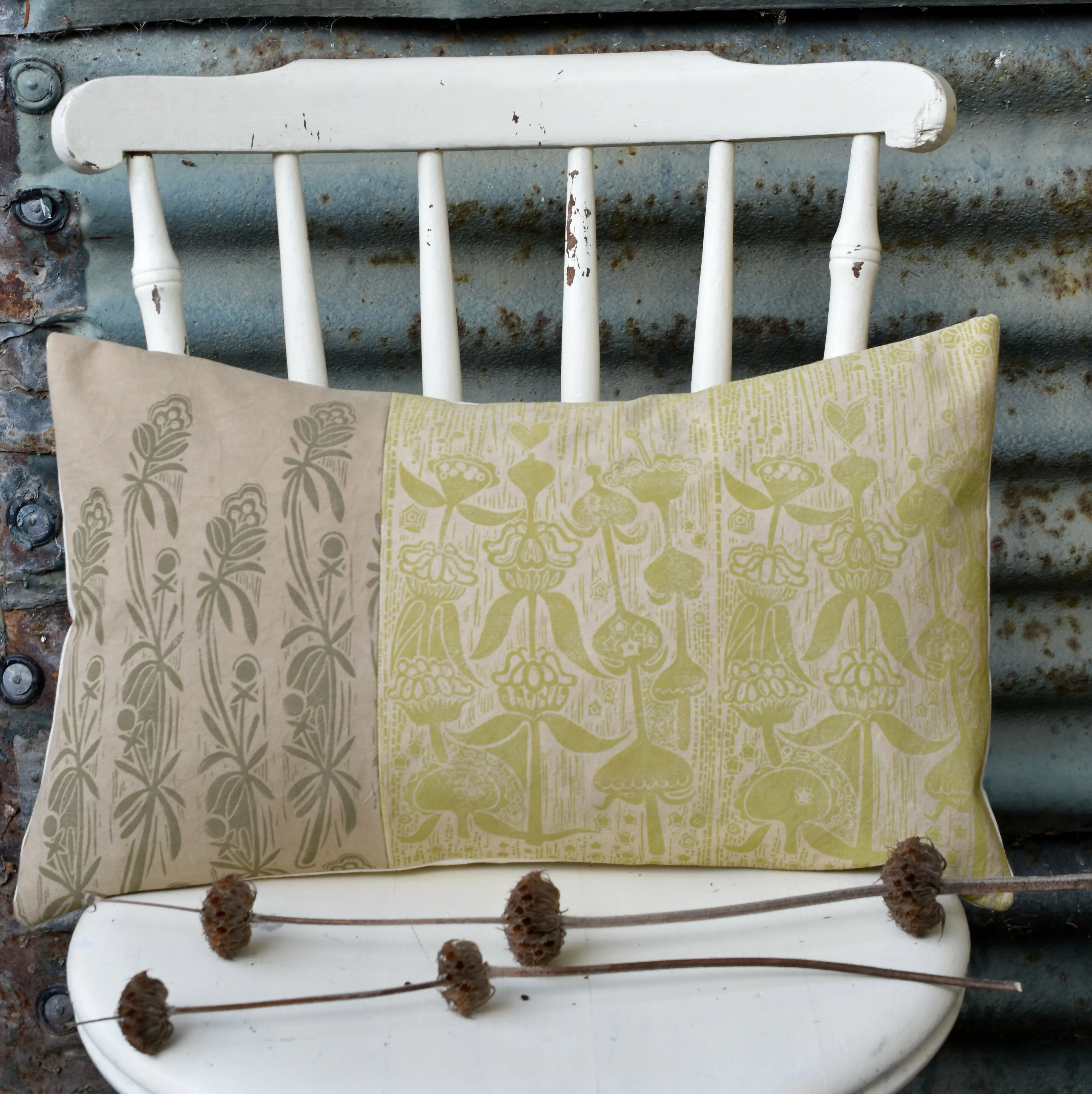 Goosegrass and Phlomis Cotton Cushion - Plant Dyed and Block Printed By Hand