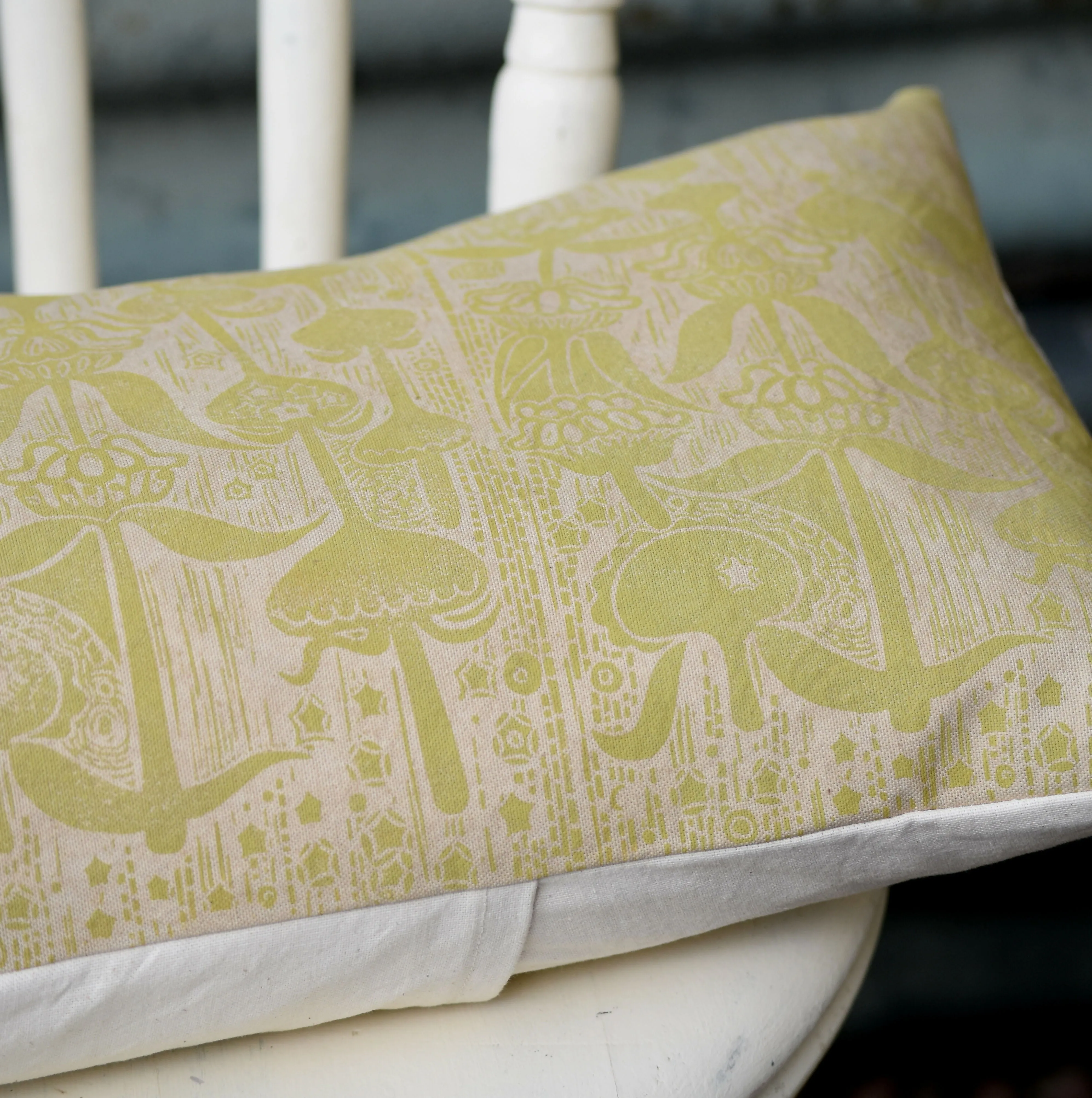 Goosegrass and Phlomis Cotton Cushion - Plant Dyed and Block Printed By Hand