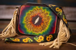 Hand-Tooled Leather Grateful Sunflower Fringe Clutch Bag - Rainbow Festival Boho Style