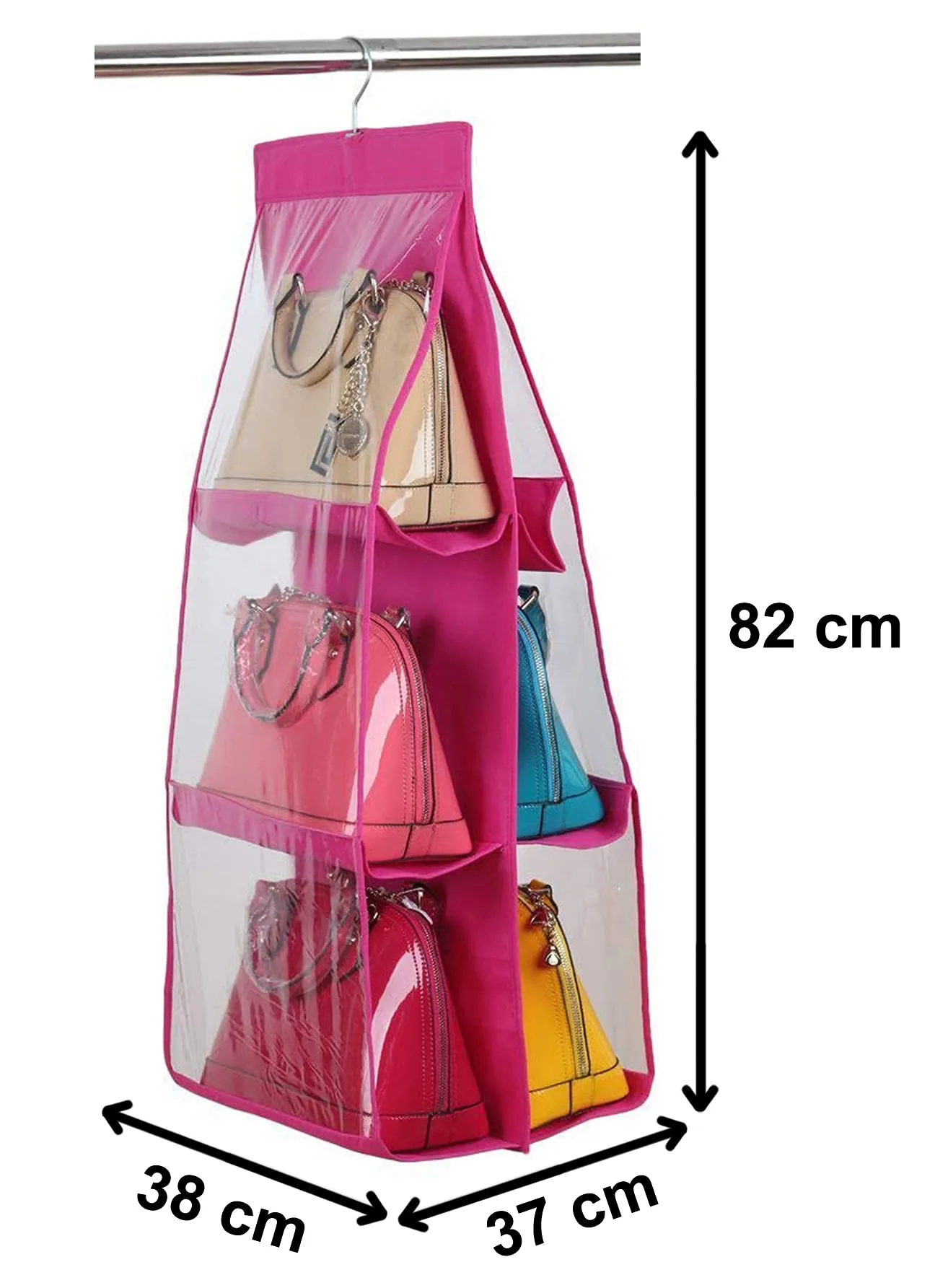 Heart Home Hanging Organizer for Purse Clutch Handbag with 6 Large Compartments & Hanger (Pink)-HS_38_HEARTH21110, Pack of 1