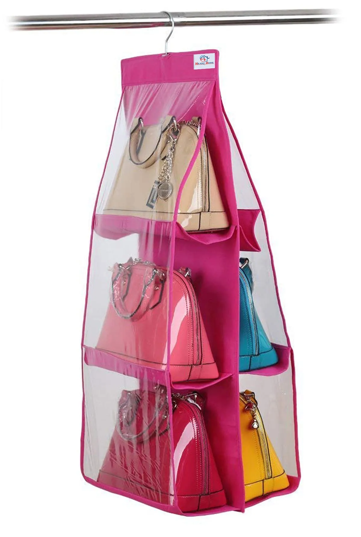 Heart Home Hanging Organizer for Purse Clutch Handbag with 6 Large Compartments & Hanger (Pink)-HS_38_HEARTH21110, Pack of 1