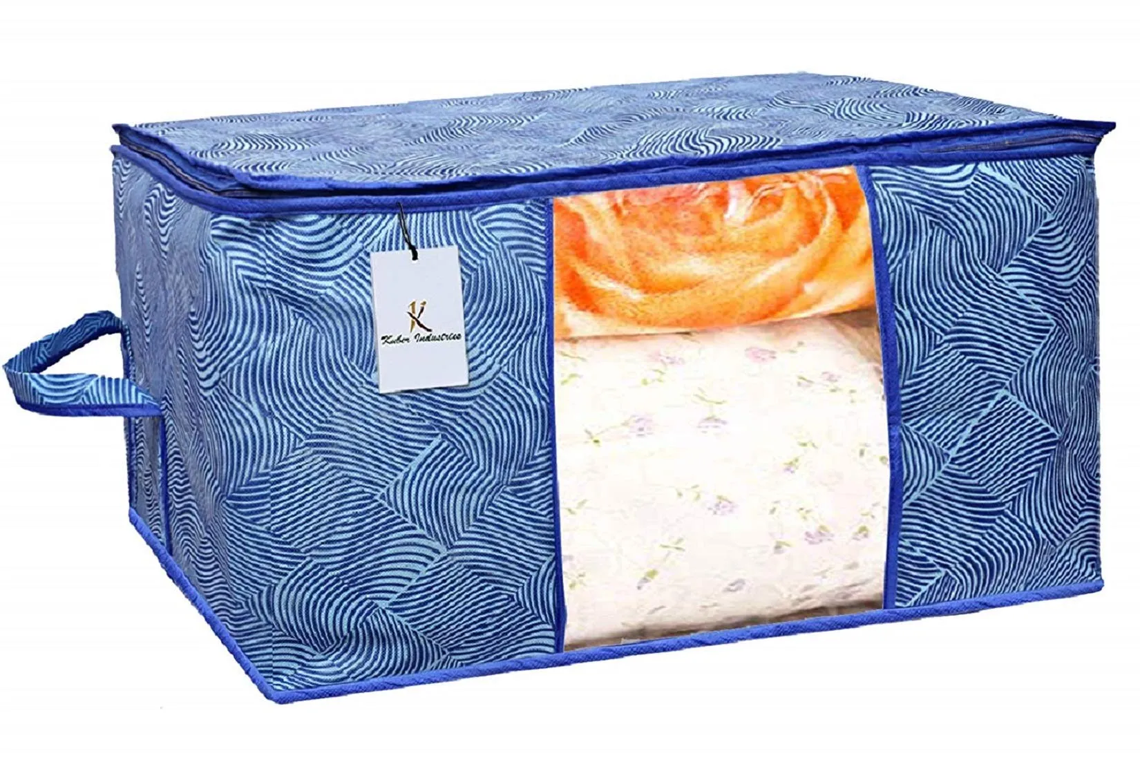 Heart Home Leheriya Printed 8 Piece Non Woven Fabric Underbed Storage Bag,Cloth Organiser,Blanket Cover with Transparent Window, Orange & Blue - CTHH23029