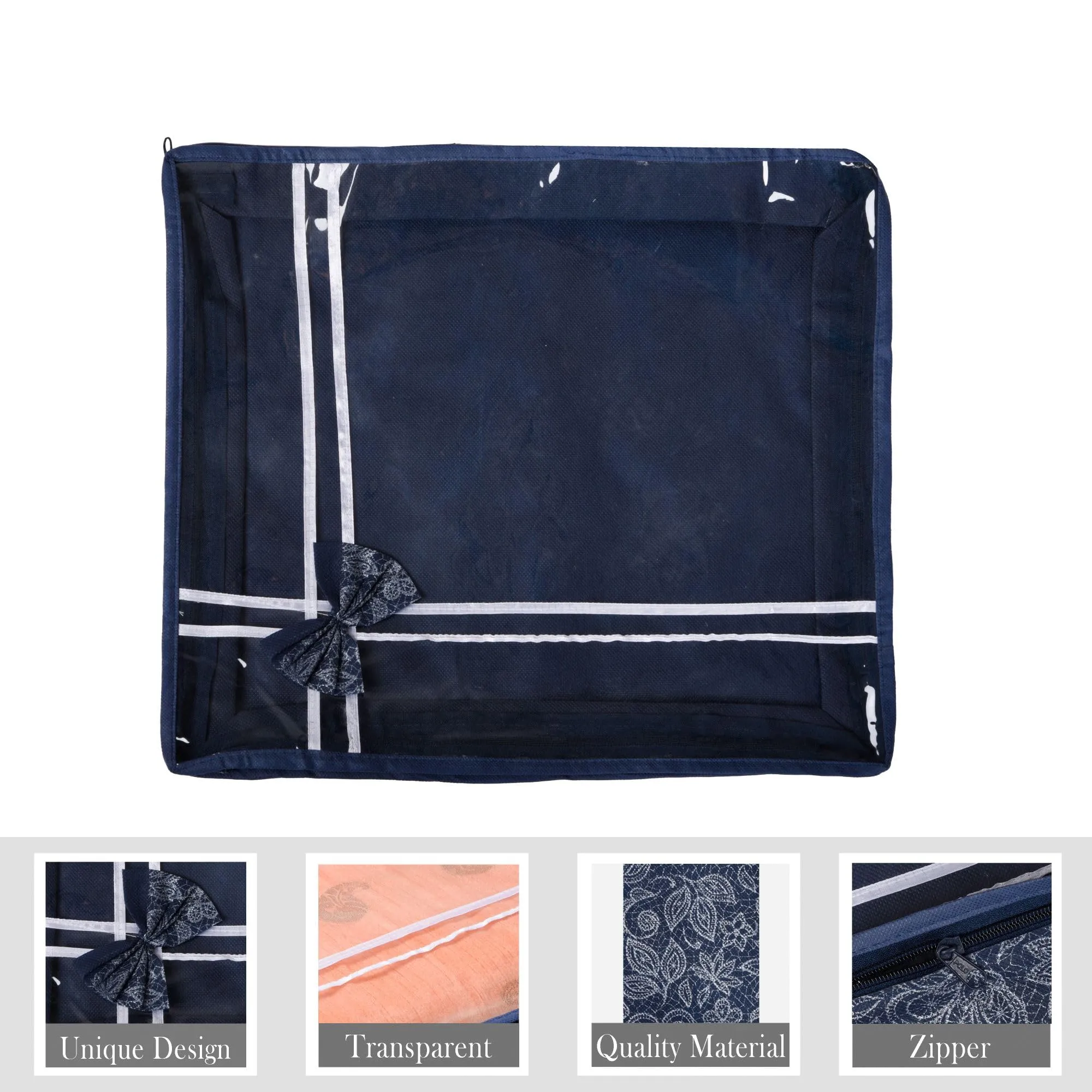 Heart Home Saree Storage Bag | Clothes Storage Bag | Wardrobe Storage Bag | Cloth Storage Organizer | Top Visible Window Saree Bag | Bow Flower-Printed | 3 Inch | Pack of 3 | Navy Blue