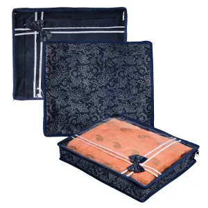 Heart Home Saree Storage Bag | Clothes Storage Bag | Wardrobe Storage Bag | Cloth Storage Organizer | Top Visible Window Saree Bag | Bow Flower-Printed | 3 Inch | Pack of 3 | Navy Blue