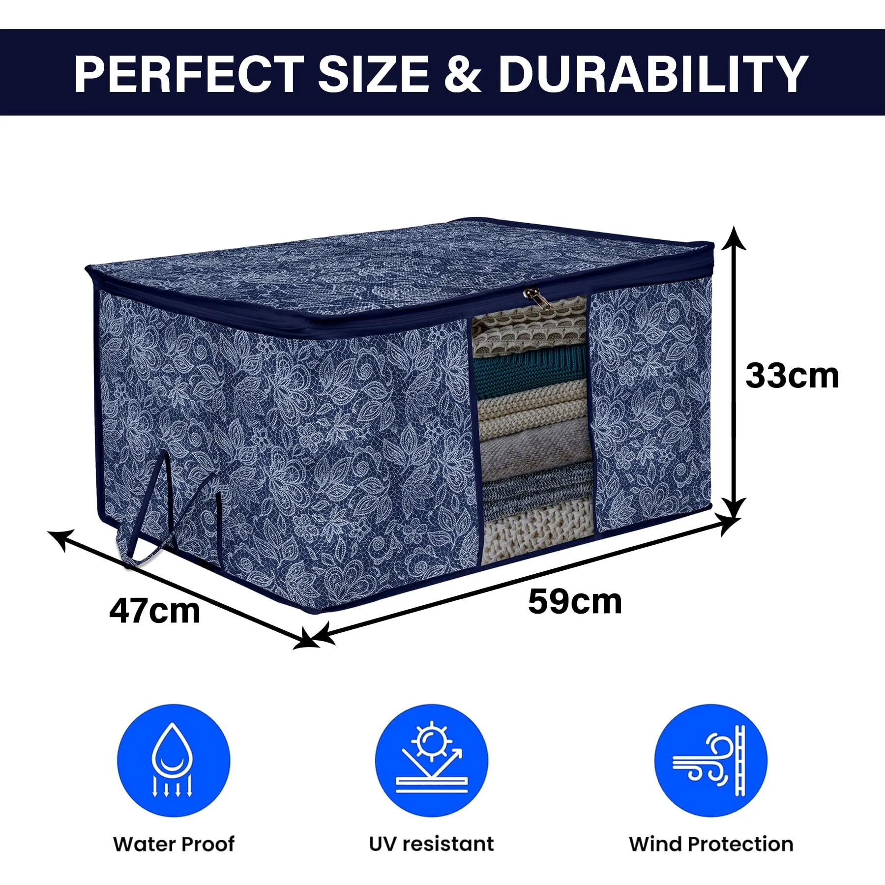 Heart Home Underbed Storage Bag | Clothes Storage Organizer | Visible Window Wardrobe Bag | Closet Organization with Handle | Flower Printed Storage Bag | Pack of 2 | Navy Blue