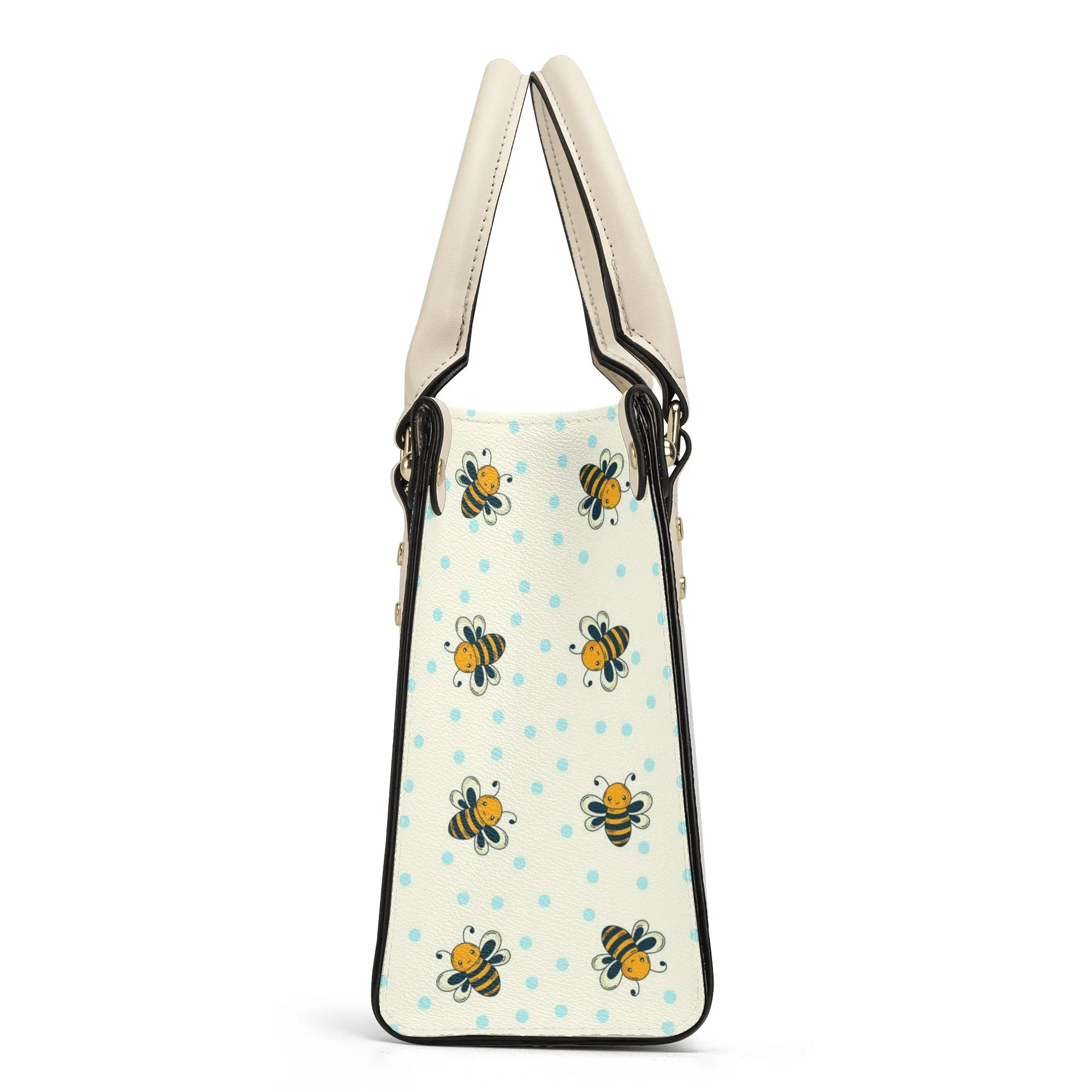 Honey Bee Shoulder Purse, Cute Bumble Yellow White Vegan Leather Top Handle Handbag Print Small Bag Women Ladies Designer