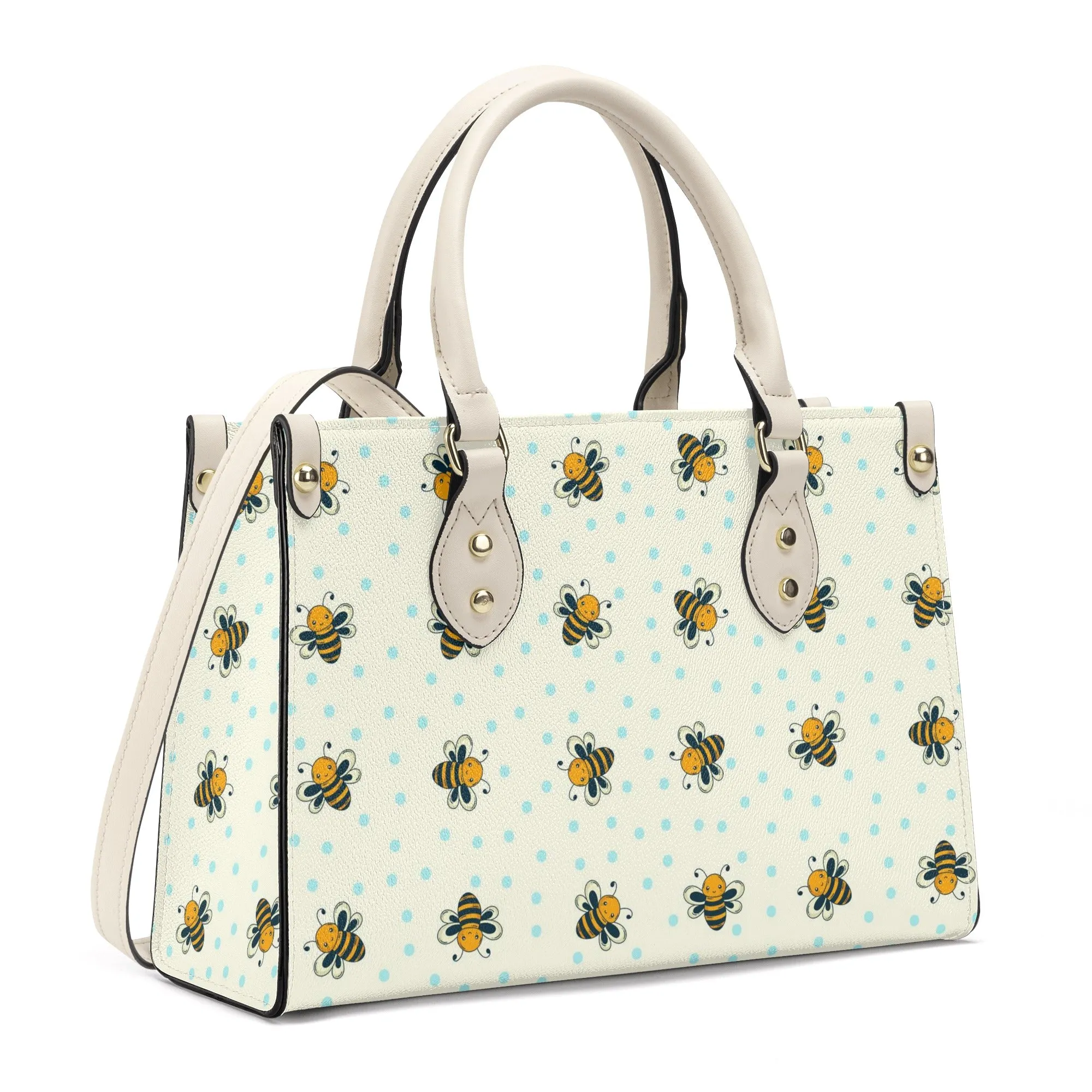 Honey Bee Shoulder Purse, Cute Bumble Yellow White Vegan Leather Top Handle Handbag Print Small Bag Women Ladies Designer