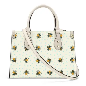 Honey Bee Shoulder Purse, Cute Bumble Yellow White Vegan Leather Top Handle Handbag Print Small Bag Women Ladies Designer