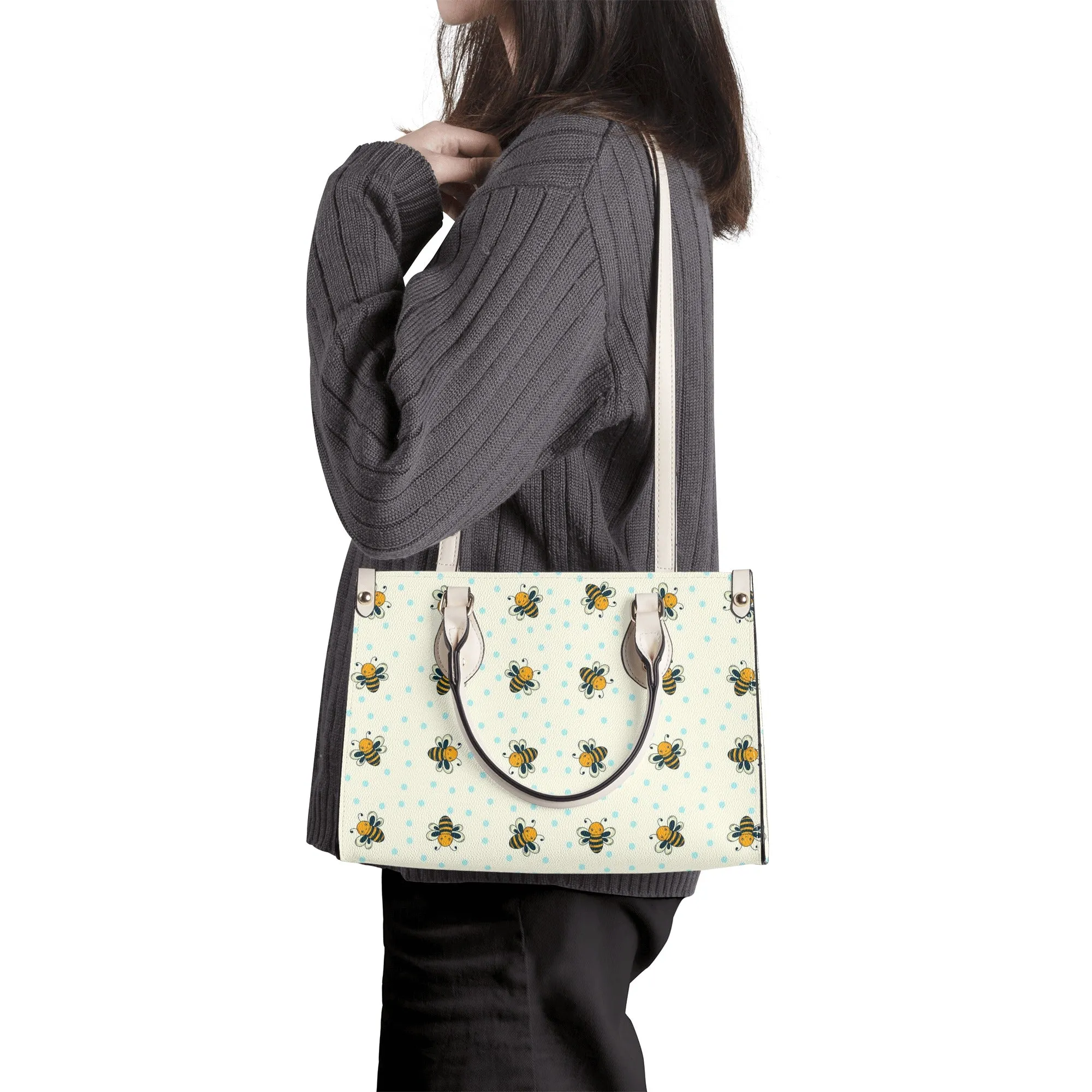 Honey Bee Shoulder Purse, Cute Bumble Yellow White Vegan Leather Top Handle Handbag Print Small Bag Women Ladies Designer