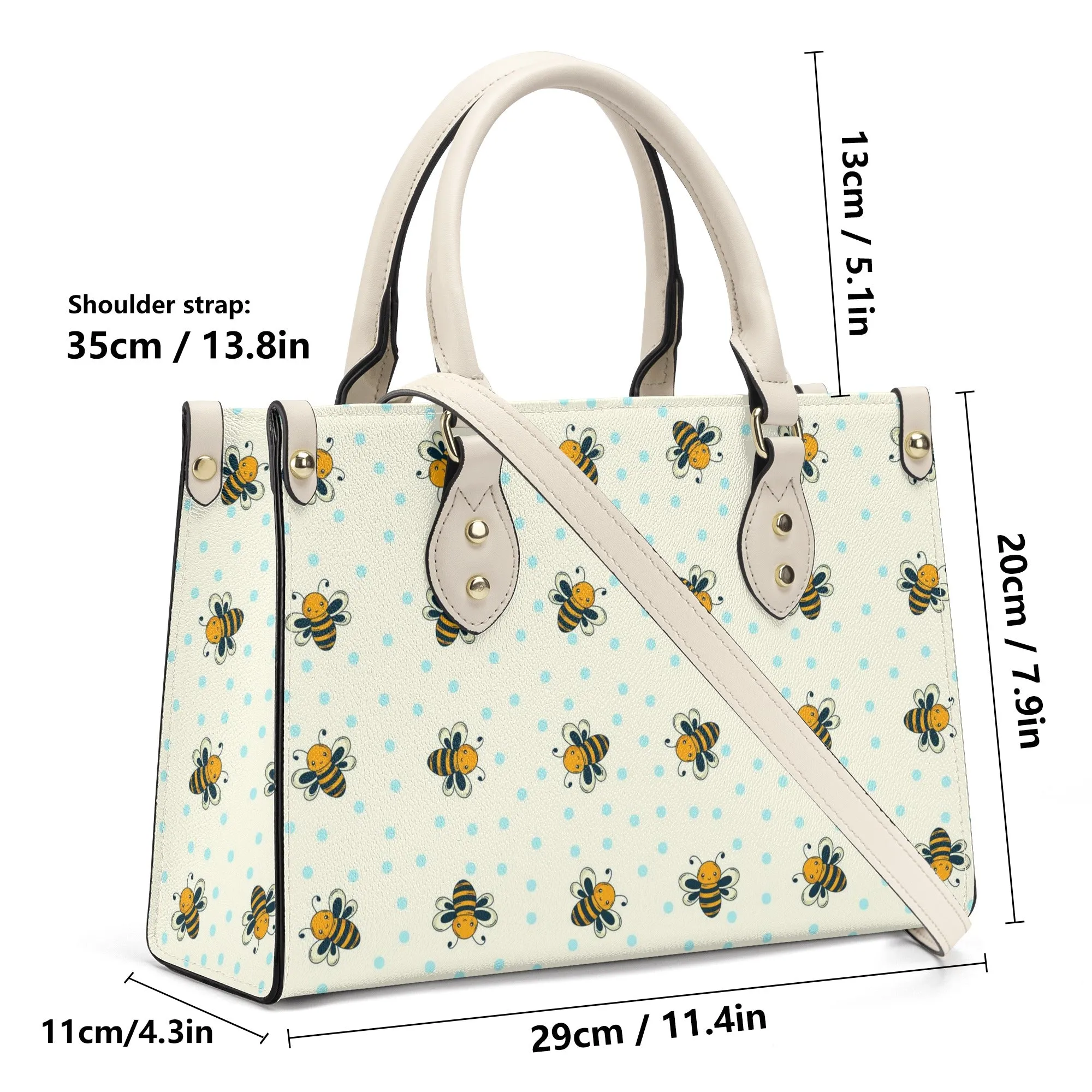 Honey Bee Shoulder Purse, Cute Bumble Yellow White Vegan Leather Top Handle Handbag Print Small Bag Women Ladies Designer