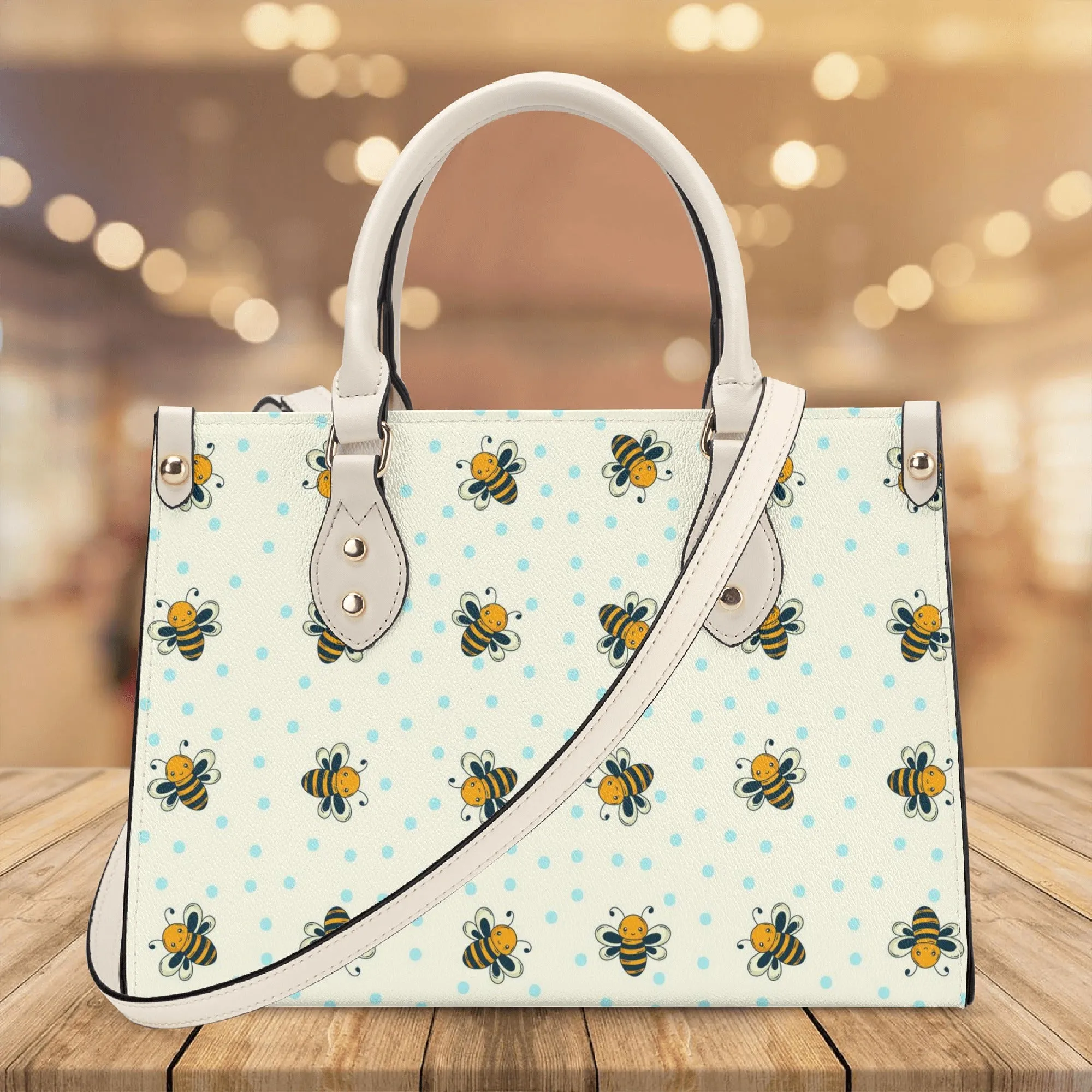 Honey Bee Shoulder Purse, Cute Bumble Yellow White Vegan Leather Top Handle Handbag Print Small Bag Women Ladies Designer