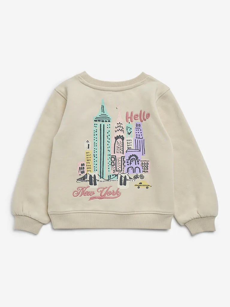 HOP Kids Beige Typographic Cotton Blend Sweatshirt