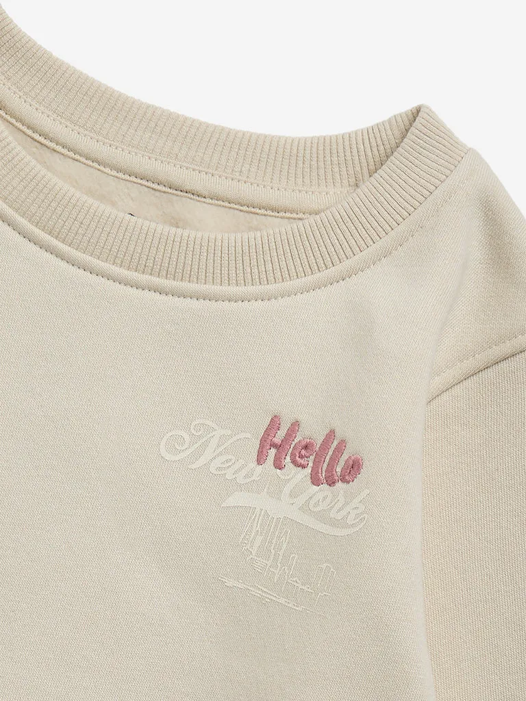 HOP Kids Beige Typographic Cotton Blend Sweatshirt