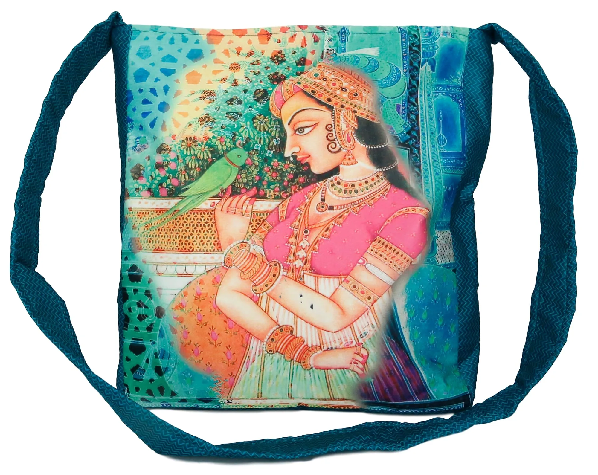 Indian Jhola Bag For Women Digital Print Cross Body Shoulder Bag Fashion Sling Bag Quilted Faux Silk,16x14x3 Inch,Ragini Ragamala And Parrot