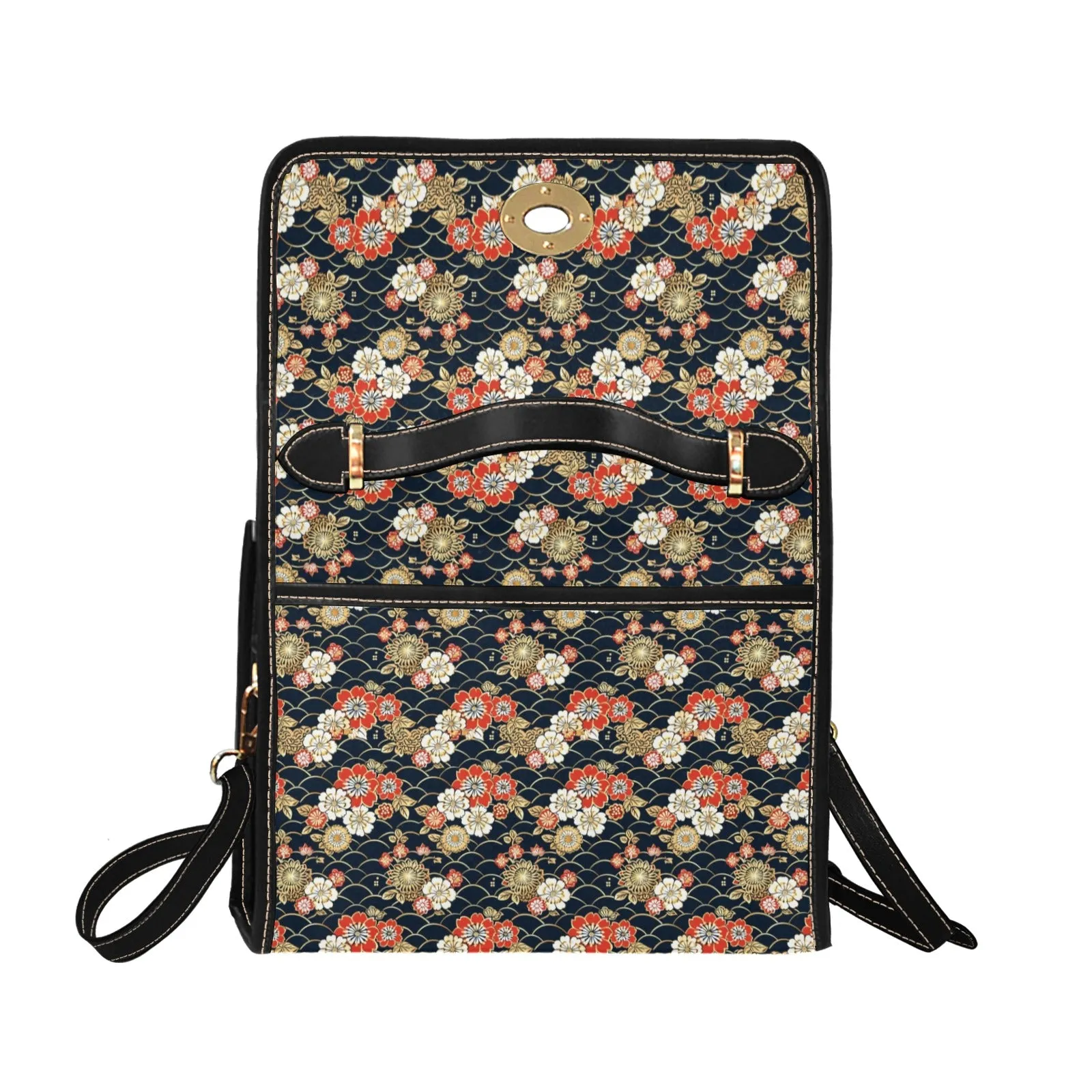 Japanese Flowers Canvas Satchel bag, Black Floral Waterproof Black Women Ladies Crossbody Purse Vegan Leather Shoulder Strap Vintage Handbag