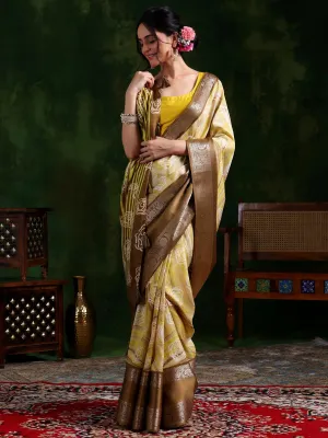 Khaki Brown Printed Silk Blend Saree With Unstitched Blouse Piece