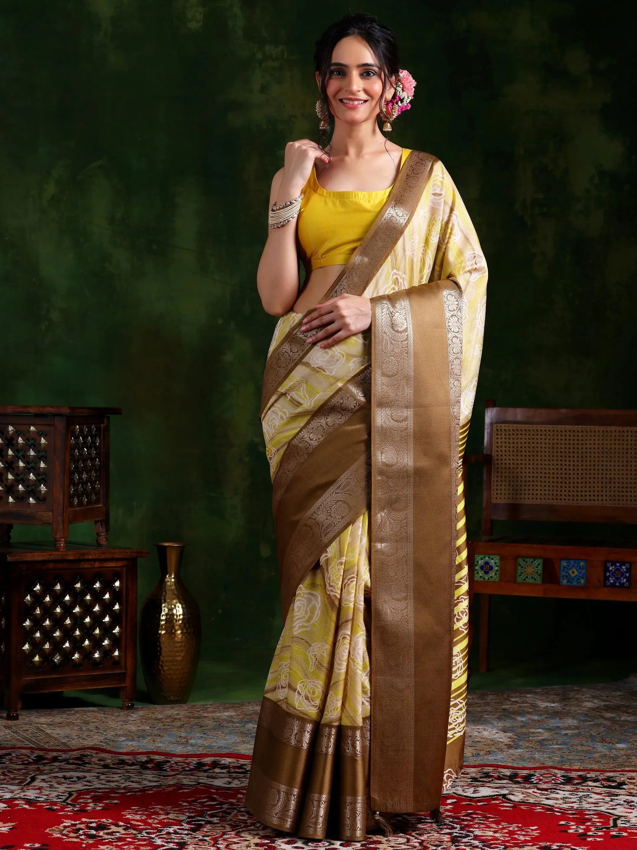 Khaki Brown Printed Silk Blend Saree With Unstitched Blouse Piece