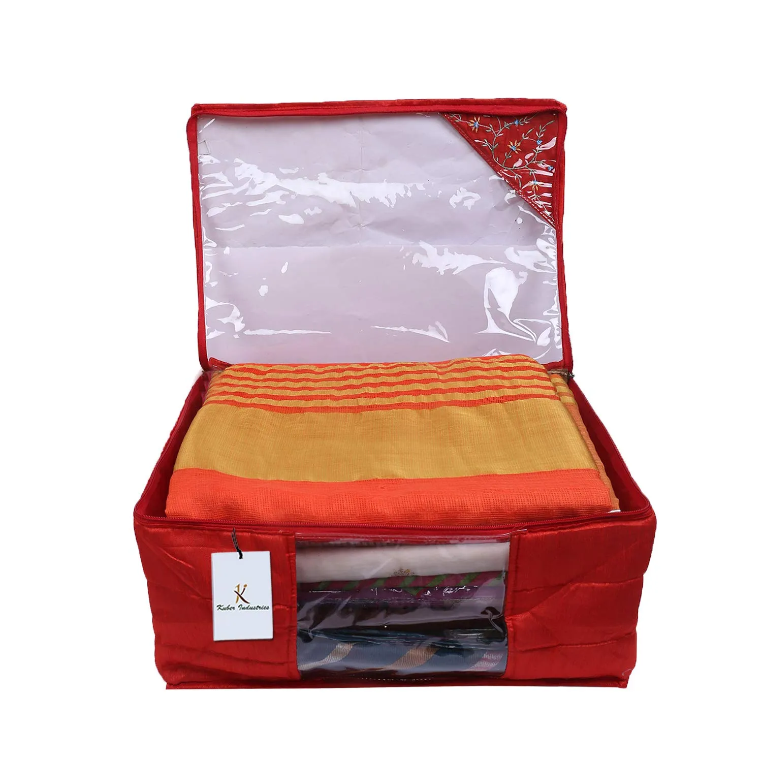 Kuber Industries 3 Layered Quilted Silk 2 Pieces Saree Cover (Red) -CTLTC10623