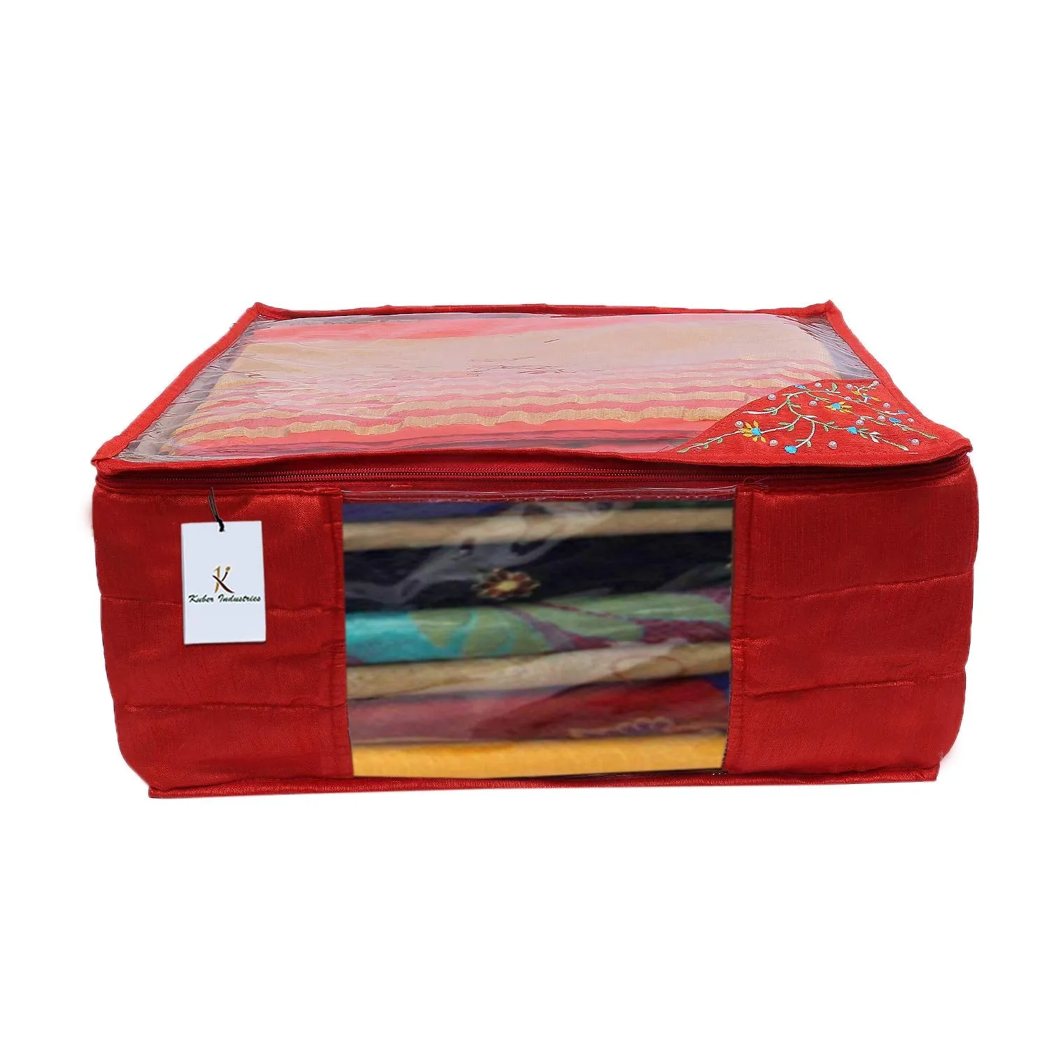 Kuber Industries 3 Layered Quilted Silk 2 Pieces Saree Cover (Red) -CTLTC10623