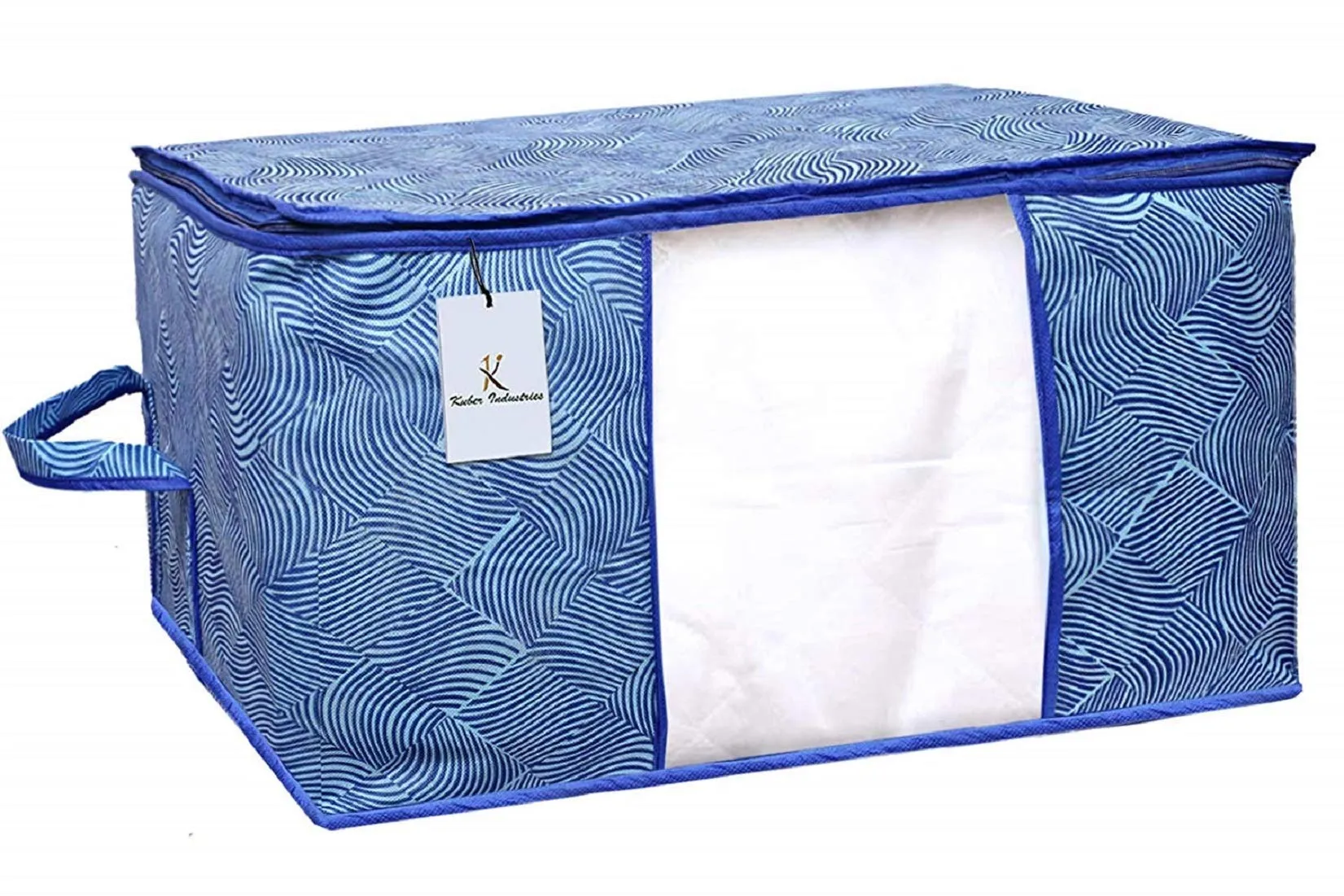 Kuber Industries Leheriya Printed 2 Piece Non Woven Fabric Underbed Storage Bag,Cloth Organiser,Blanket Cover with Transparent Window, Orange & Blue -CTKTC41071,standard