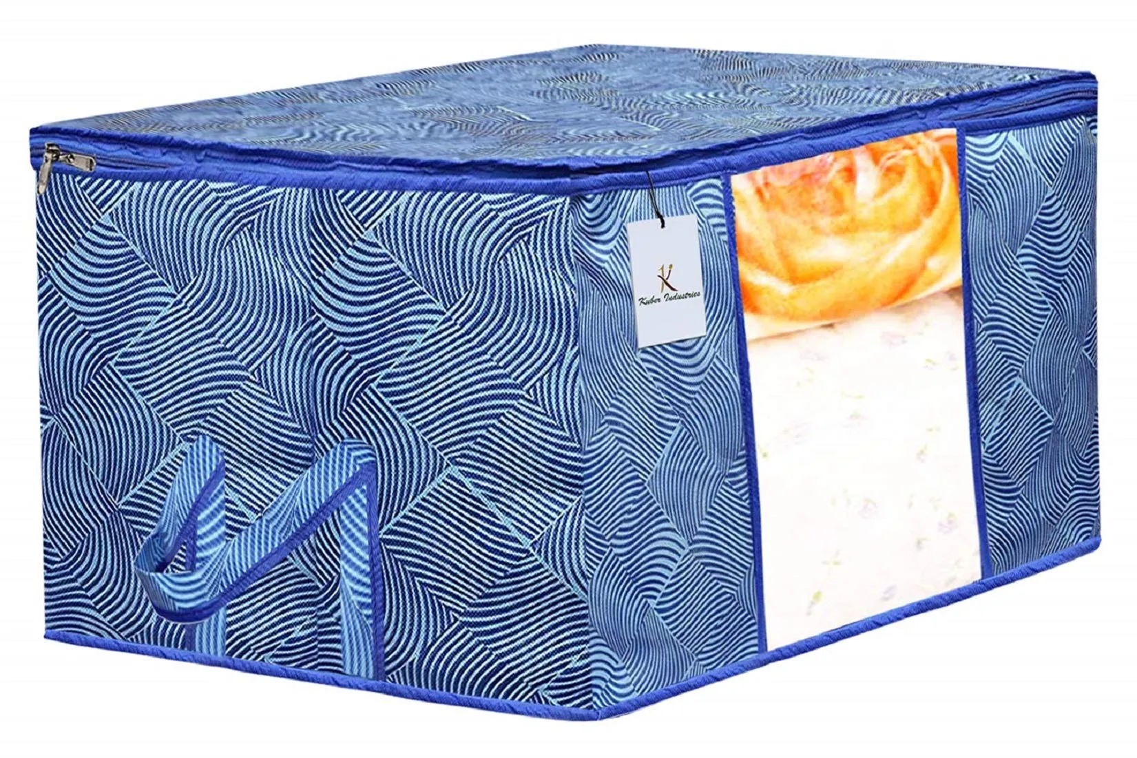 Kuber Industries Leheriya Printed 2 Piece Non Woven Fabric Underbed Storage Bag,Cloth Organiser,Blanket Cover with Transparent Window, Orange & Blue -CTKTC41071,standard