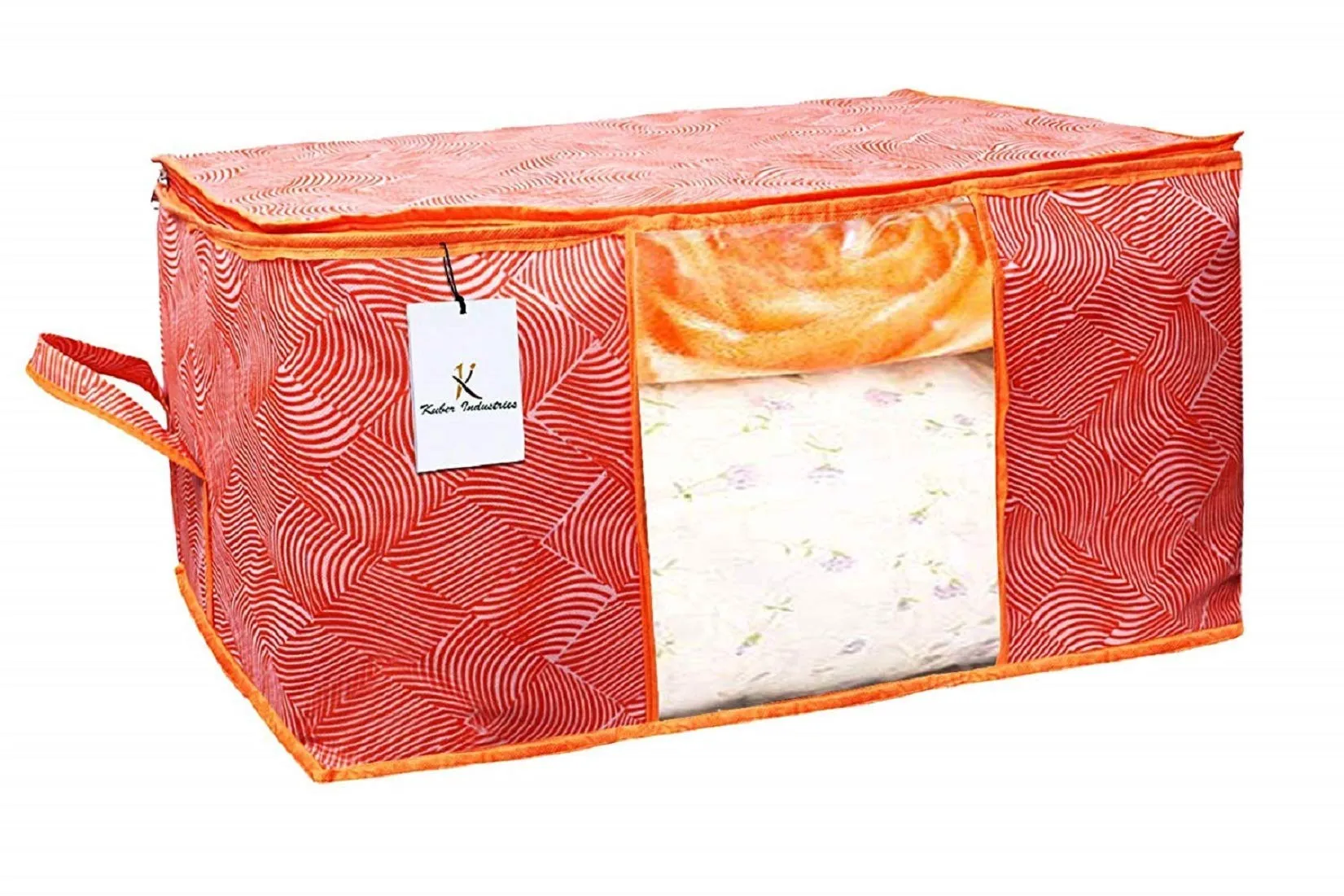 Kuber Industries Leheriya Printed 2 Piece Non Woven Fabric Underbed Storage Bag,Cloth Organiser,Blanket Cover with Transparent Window, Orange & Blue -CTKTC41071,standard