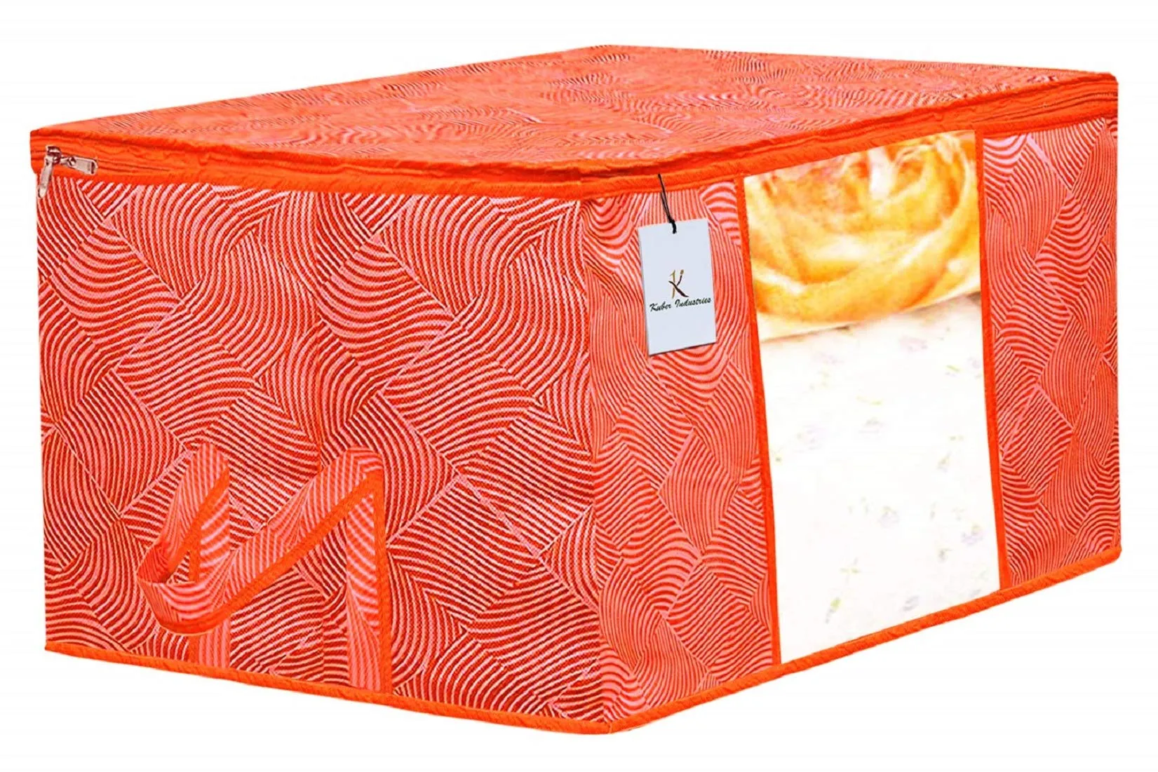 Kuber Industries Leheriya Printed 2 Piece Non Woven Fabric Underbed Storage Bag,Cloth Organiser,Blanket Cover with Transparent Window, Orange & Blue -CTKTC41071,standard