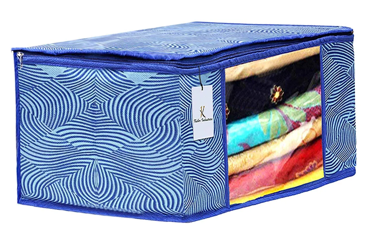 Kuber Industries Leheriya Printed 2 Piece Non Woven Saree Cover And 2 Pieces Underbed Storage Bag, Storage Organiser, Blanket Cover, Orange & Blue -CTKTC42396