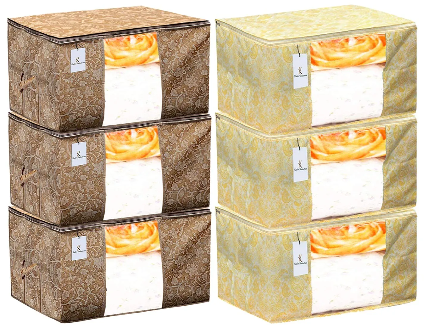 Kuber Industries Metalic Printed 6 Piece Non Woven Fabric Underbed Storage Bag,Cloth Organiser,Blanket Cover with Transparent Window, Gold & Beige -CTKTC41156, Standard