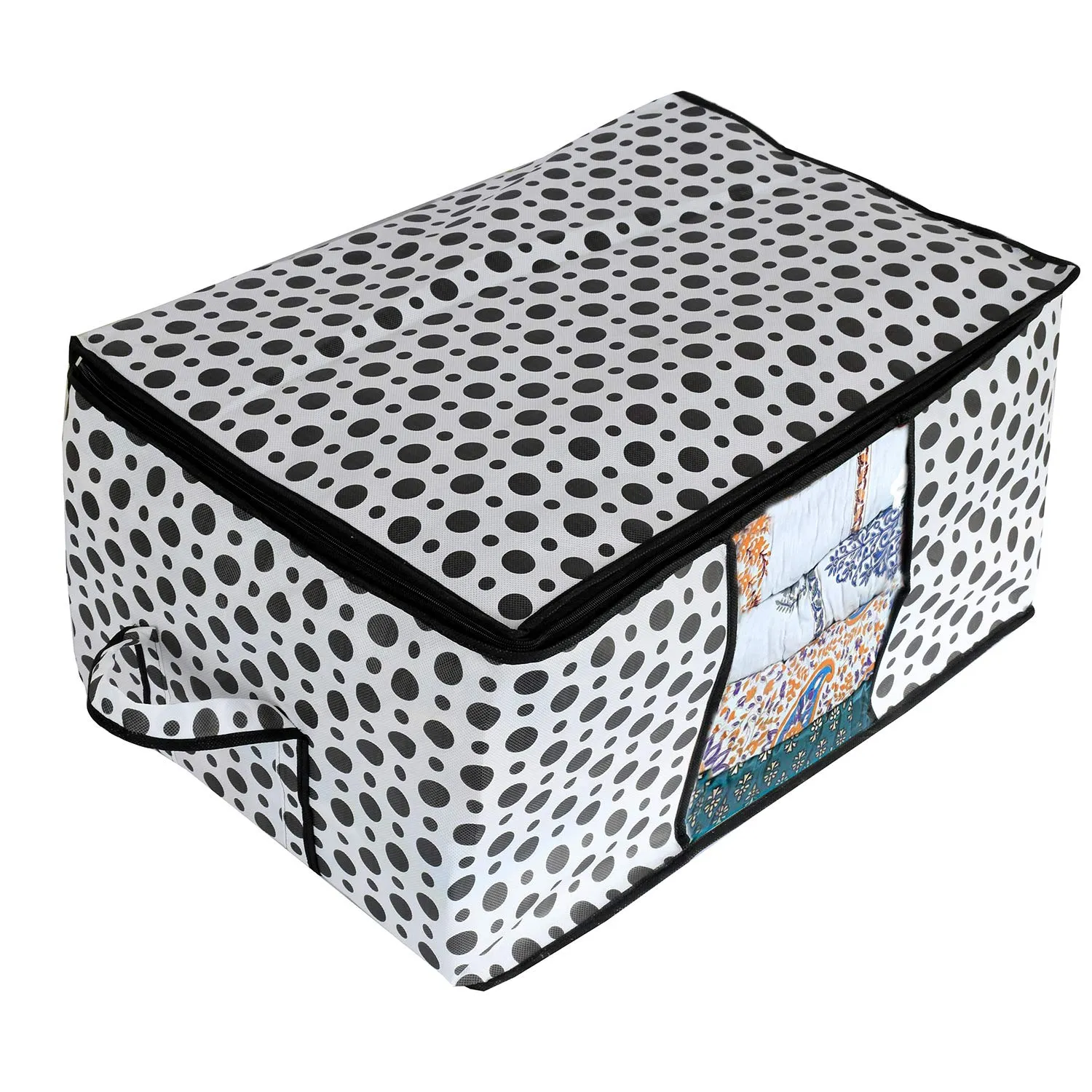 Kuber Industries Polka Dots Design Non Woven 12 Pieces Underbed Storage Bag, Cloth Organiser, Blanket Cover with Transparent Window (Black & White) -CTKTC38115