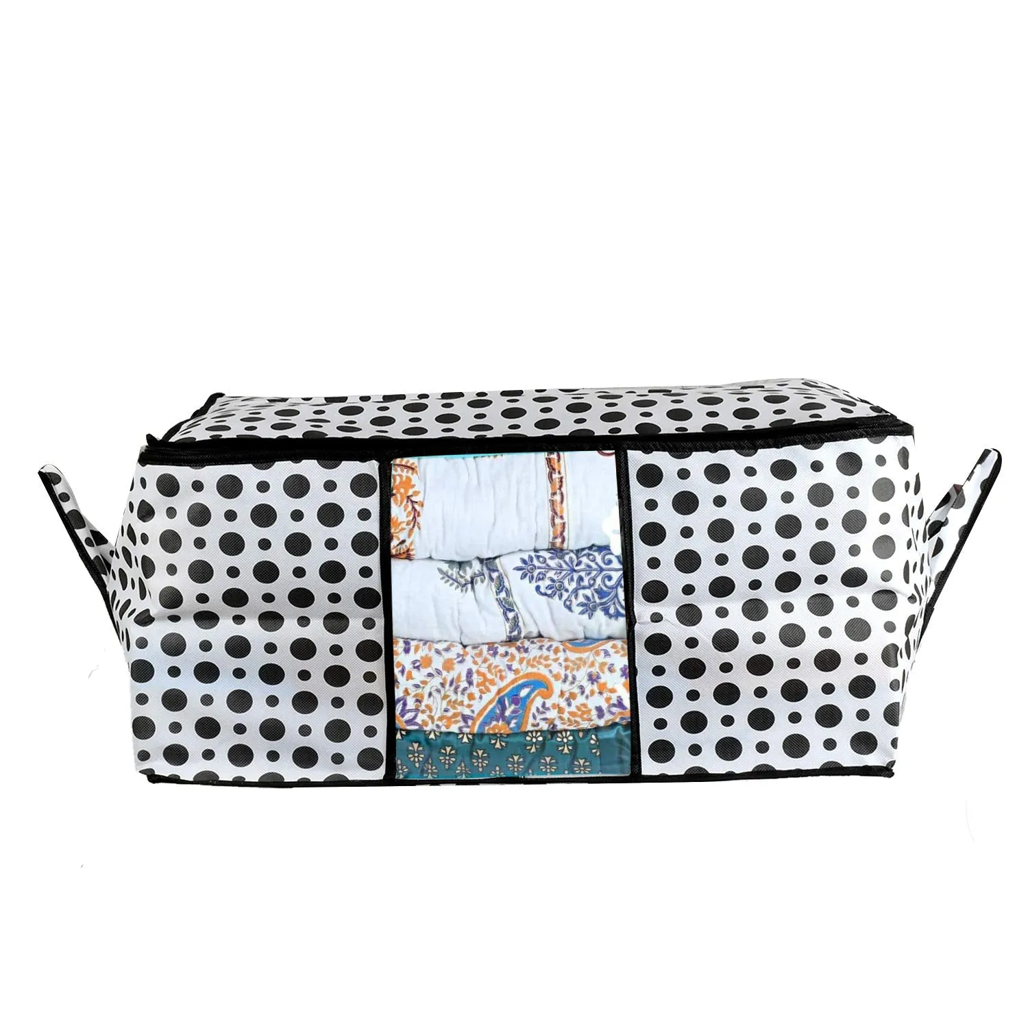 Kuber Industries Polka Dots Design Non Woven 12 Pieces Underbed Storage Bag, Cloth Organiser, Blanket Cover with Transparent Window (Black & White) -CTKTC38115