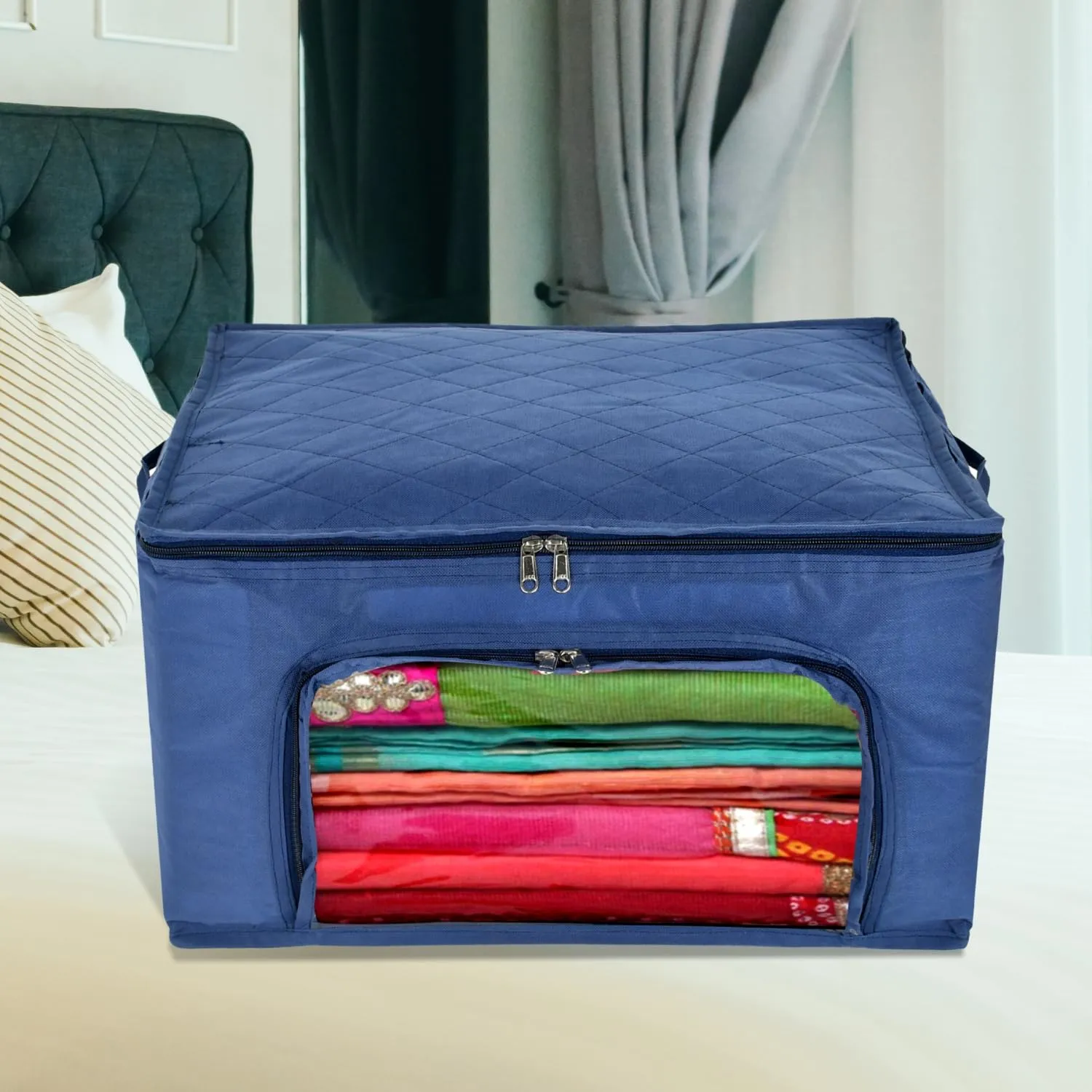 Kuber Industries Storage Bag | Zipper Closure Storage Bag | Clothes Organiser | Non-Woven Travel Storage Bag | Wardrobe Organizer with Transparent View | Blue