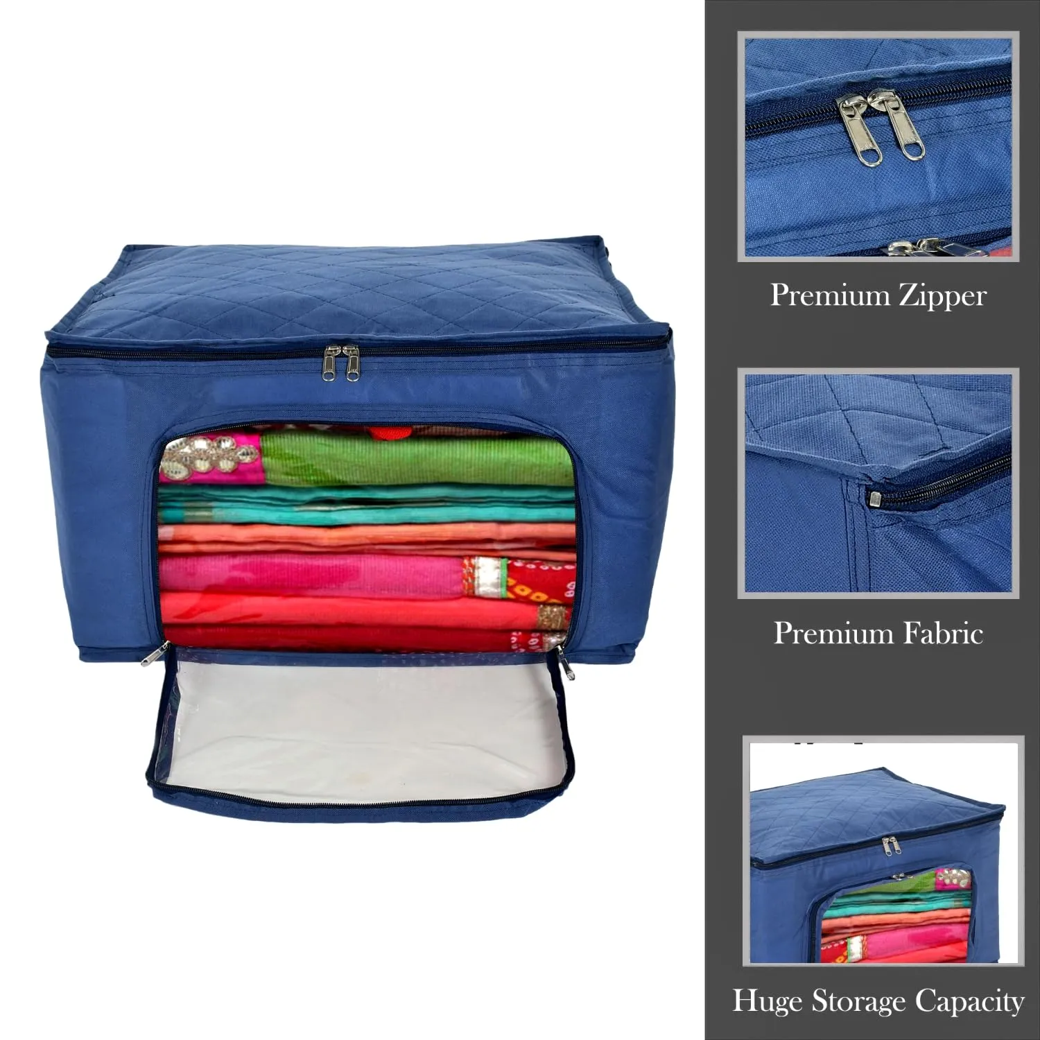 Kuber Industries Storage Bag | Zipper Closure Storage Bag | Clothes Organiser | Non-Woven Travel Storage Bag | Wardrobe Organizer with Transparent View | Blue