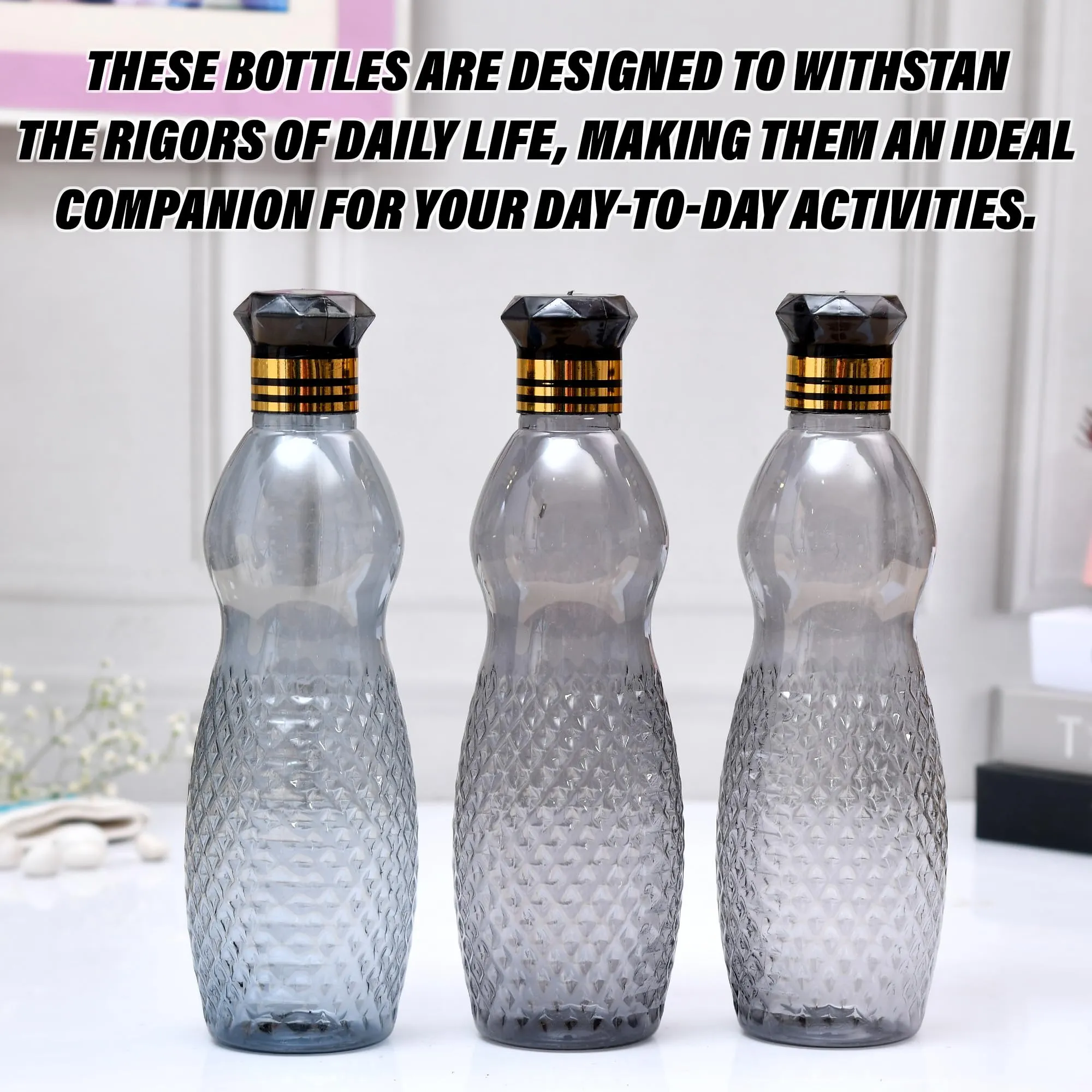 Kuber Industries Water Bottle | Plastic Water Bottle for Fridge | Water Bottle for Kitchen | Ideal for Restaurant | Water Bottle for Refrigerator | Dolphine Bottle | 1 LTR | Pack of 3 | Black