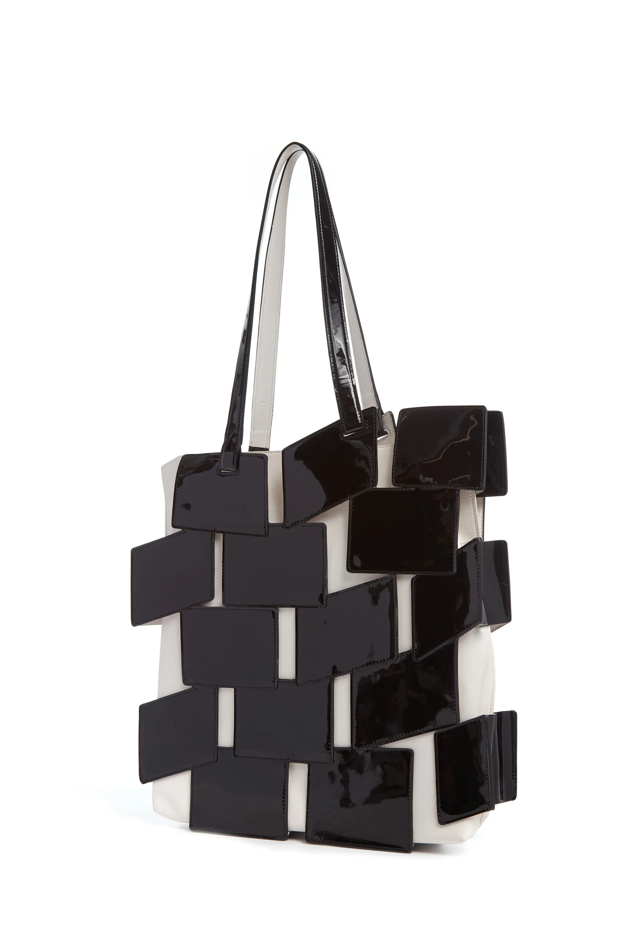 Laquered Tote Bag in Black Patchwork Lacquered Leather