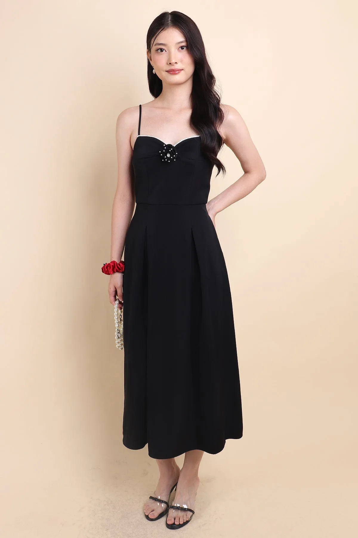 LAURELL EXQUISITE PEARL MAXI DRESS IN BLACK