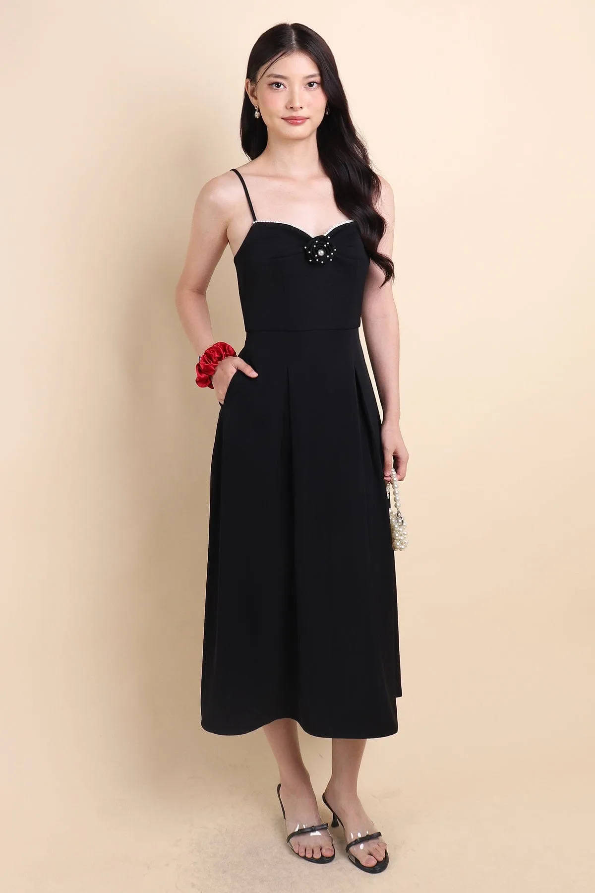 LAURELL EXQUISITE PEARL MAXI DRESS IN BLACK