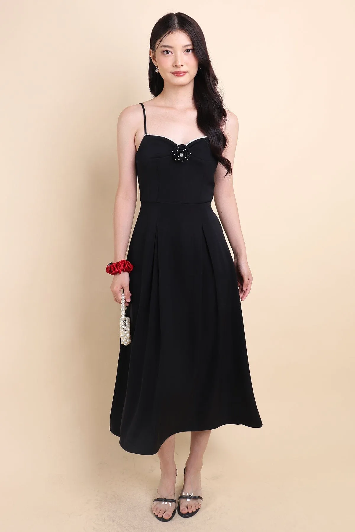 LAURELL EXQUISITE PEARL MAXI DRESS IN BLACK