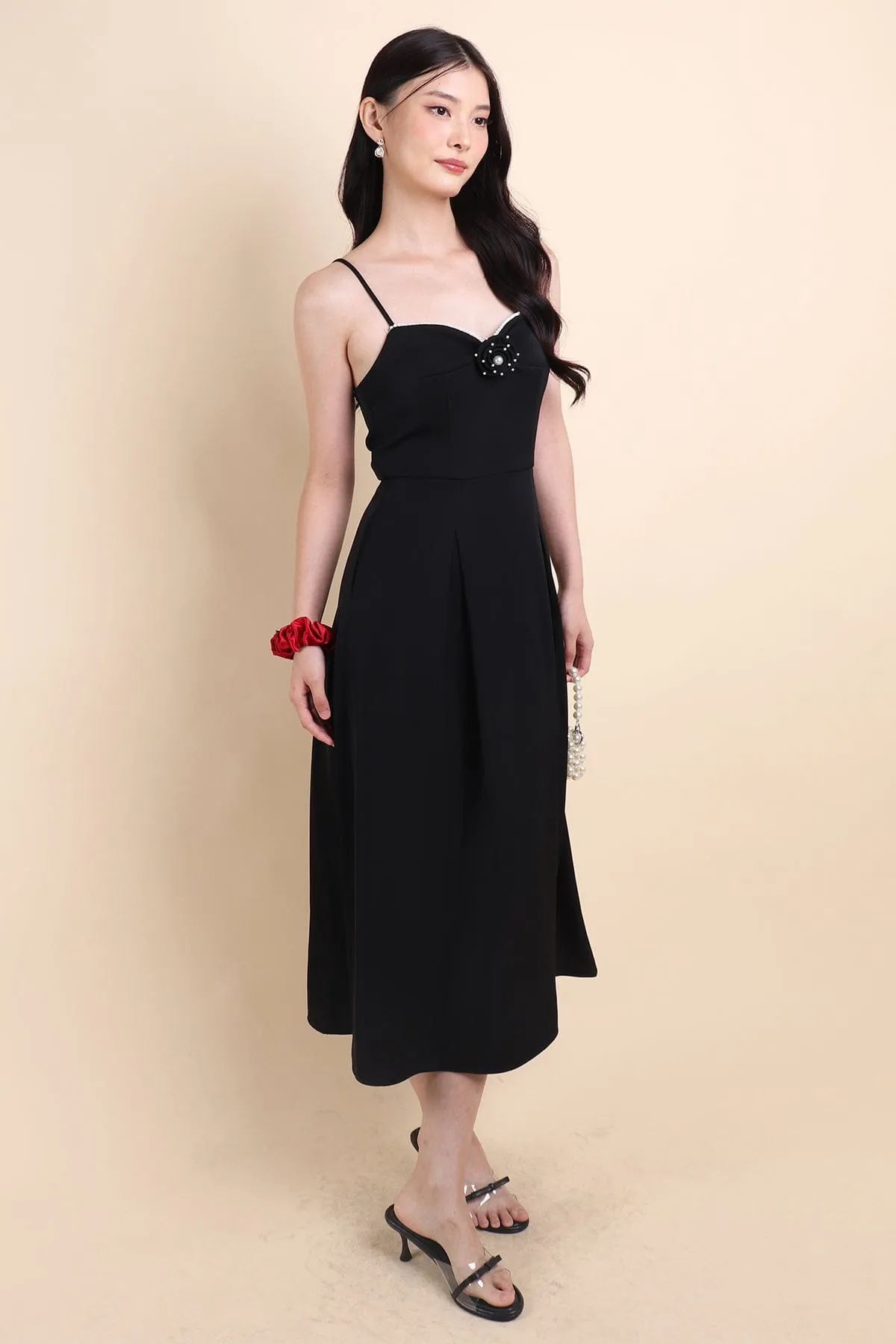 LAURELL EXQUISITE PEARL MAXI DRESS IN BLACK