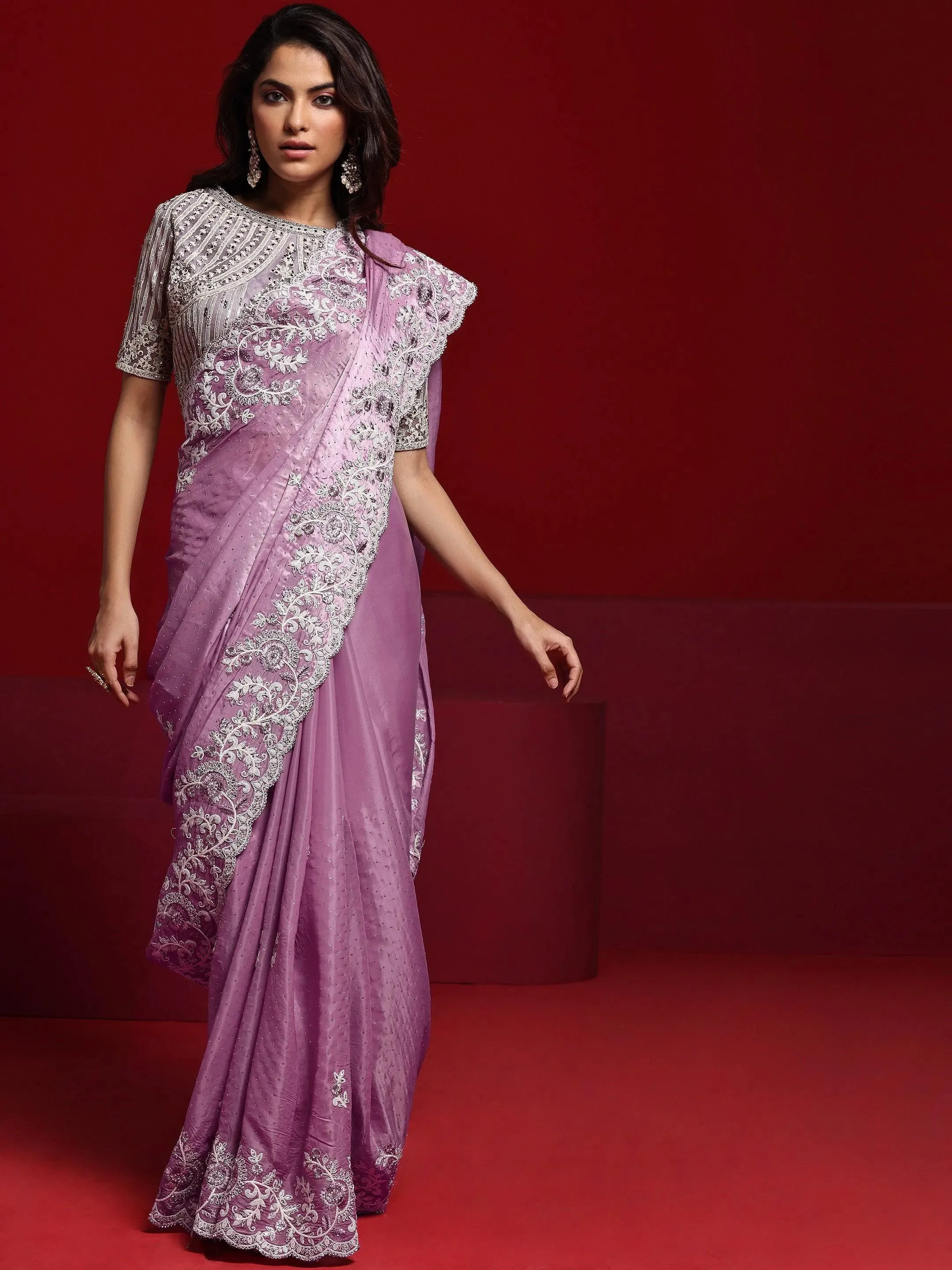 Libas Art Lavender Embroidered Tissue Saree With Unstitched Blouse Piece