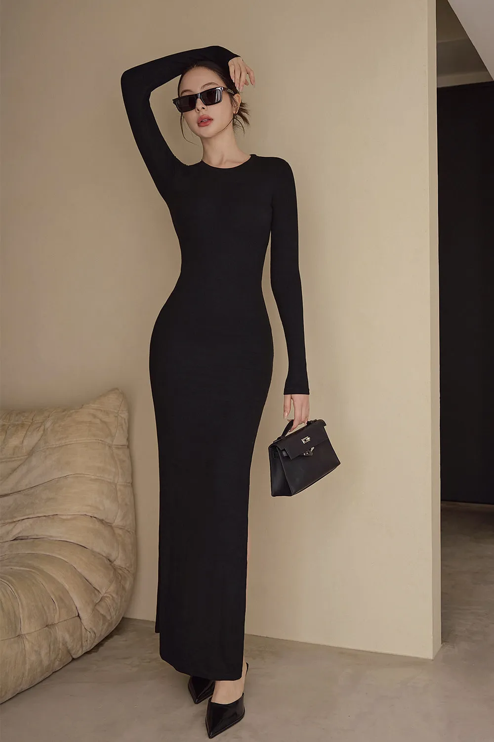 一見鍾情羅紋長袖側開岔襯墊長洋裝<br>Elegant Rib Knit Long Sleeve Side Slit Maxi Bra Dress